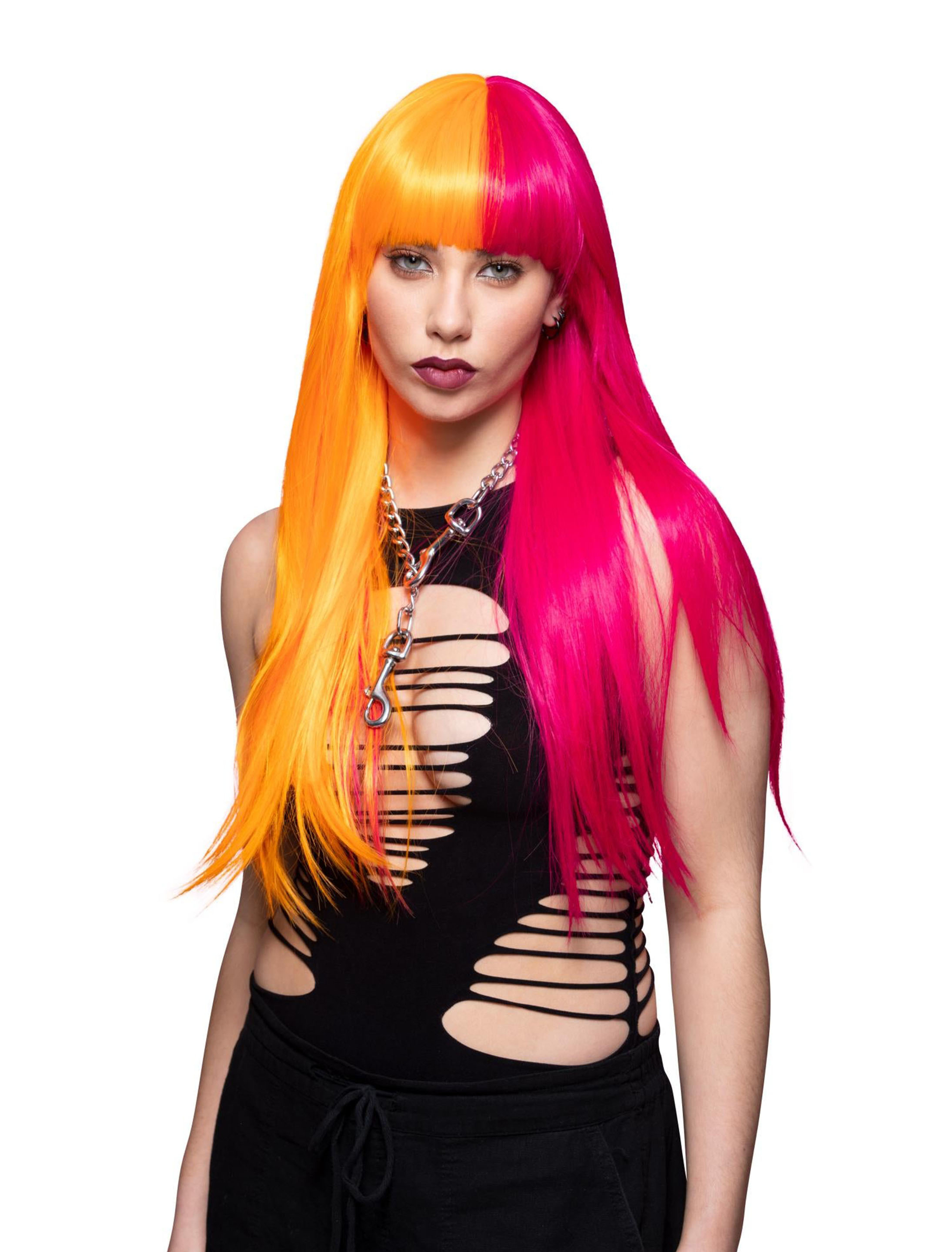 Perücke Langhaar glatt mit Pony pink/orange