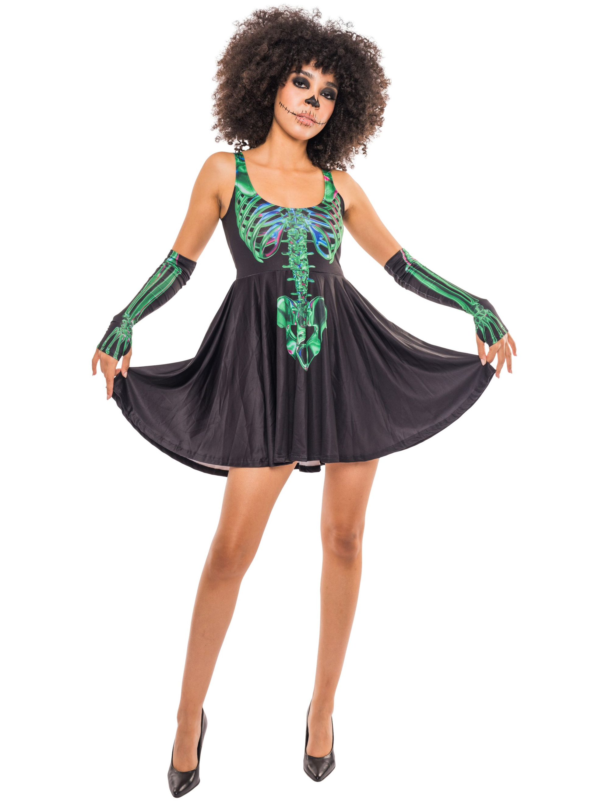 Trägerkleid Skelett mit Armstulpen Print Damen schwarz/grün S/M
