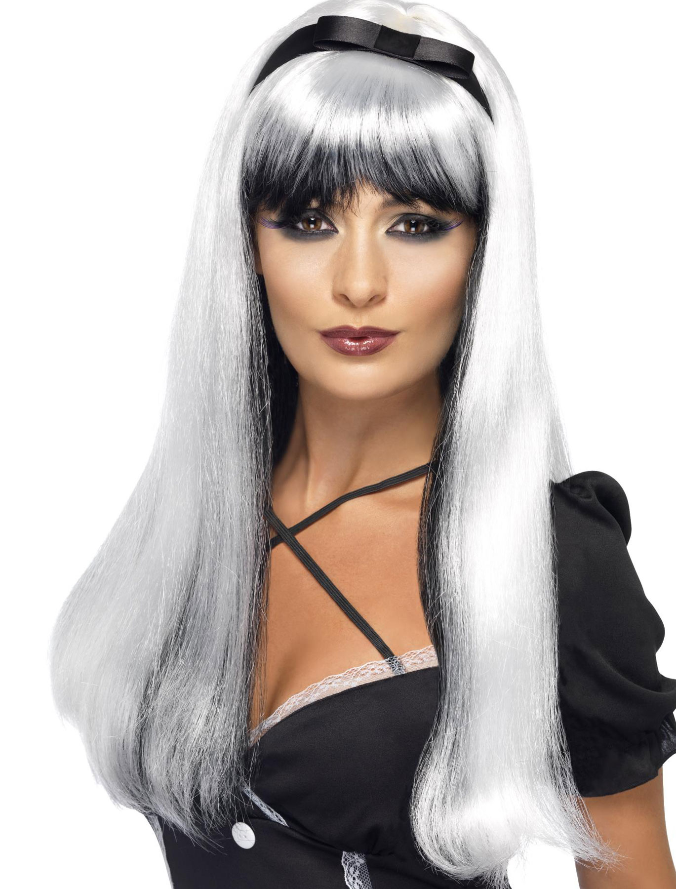 Perücke lang mit Pony und Haarband weiß/schwarz
