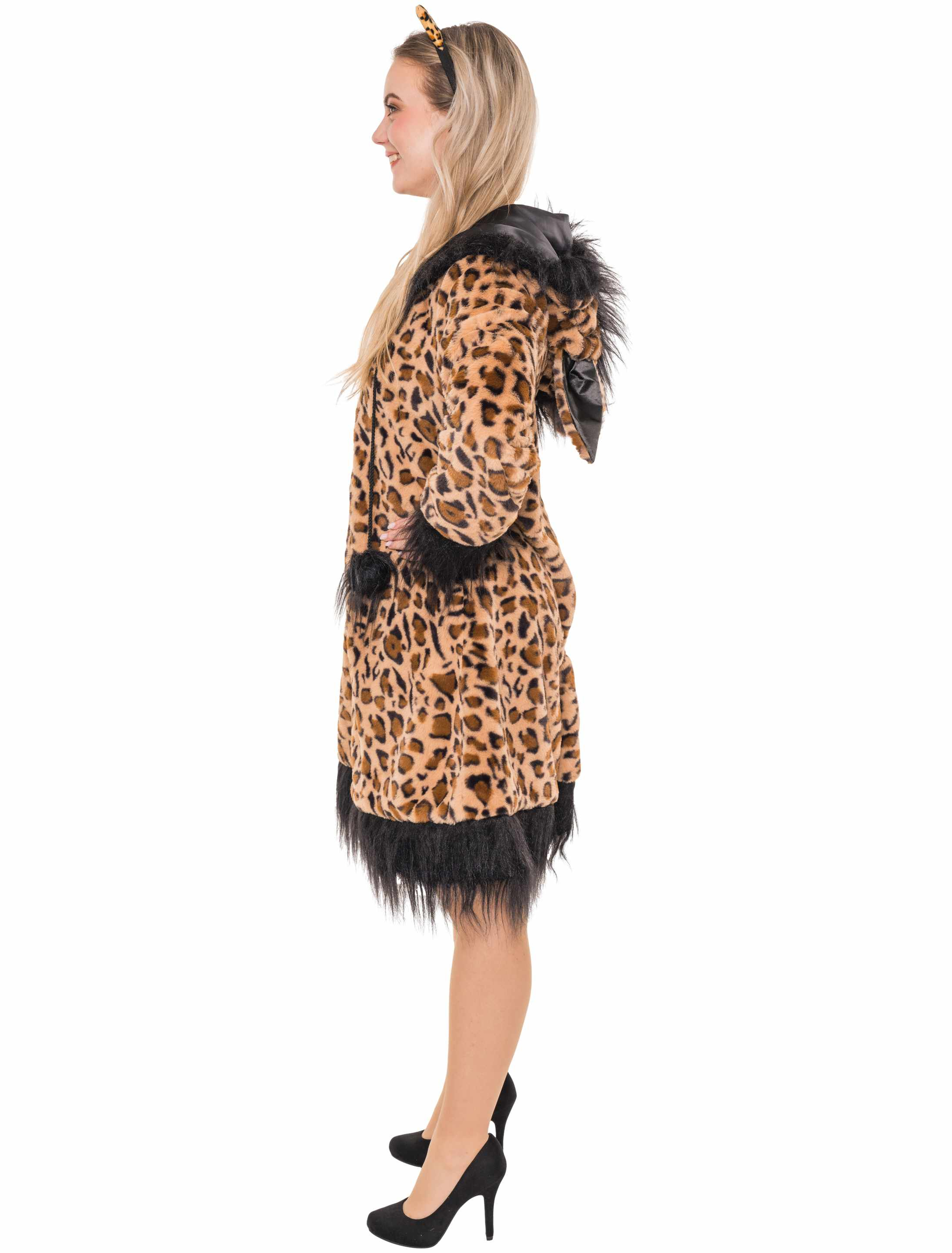 Kleid Plüsch Leopard mit Kapuze Damen schwarz/braun S/M