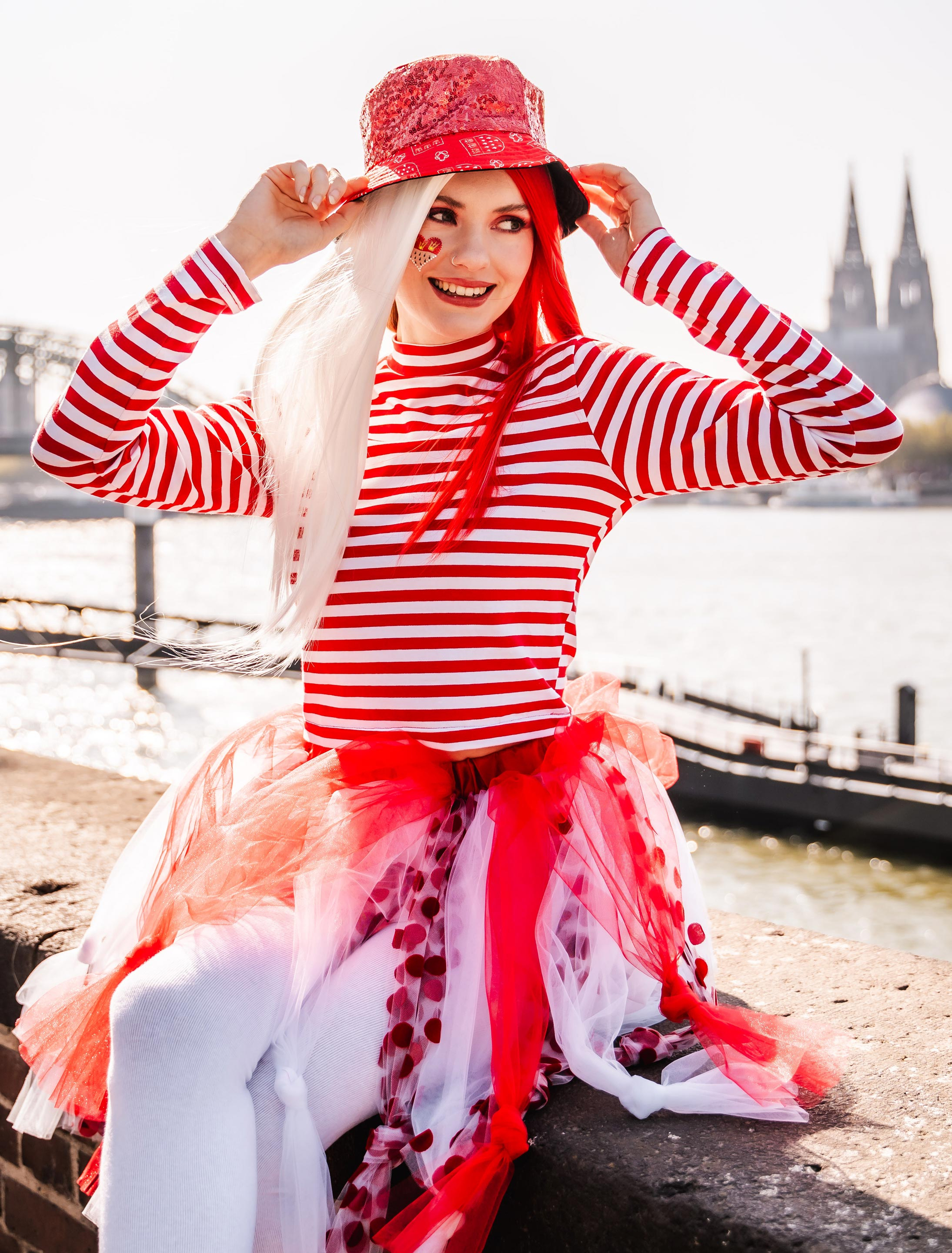 Crop Top Langarm Gestreift rot/weiß L