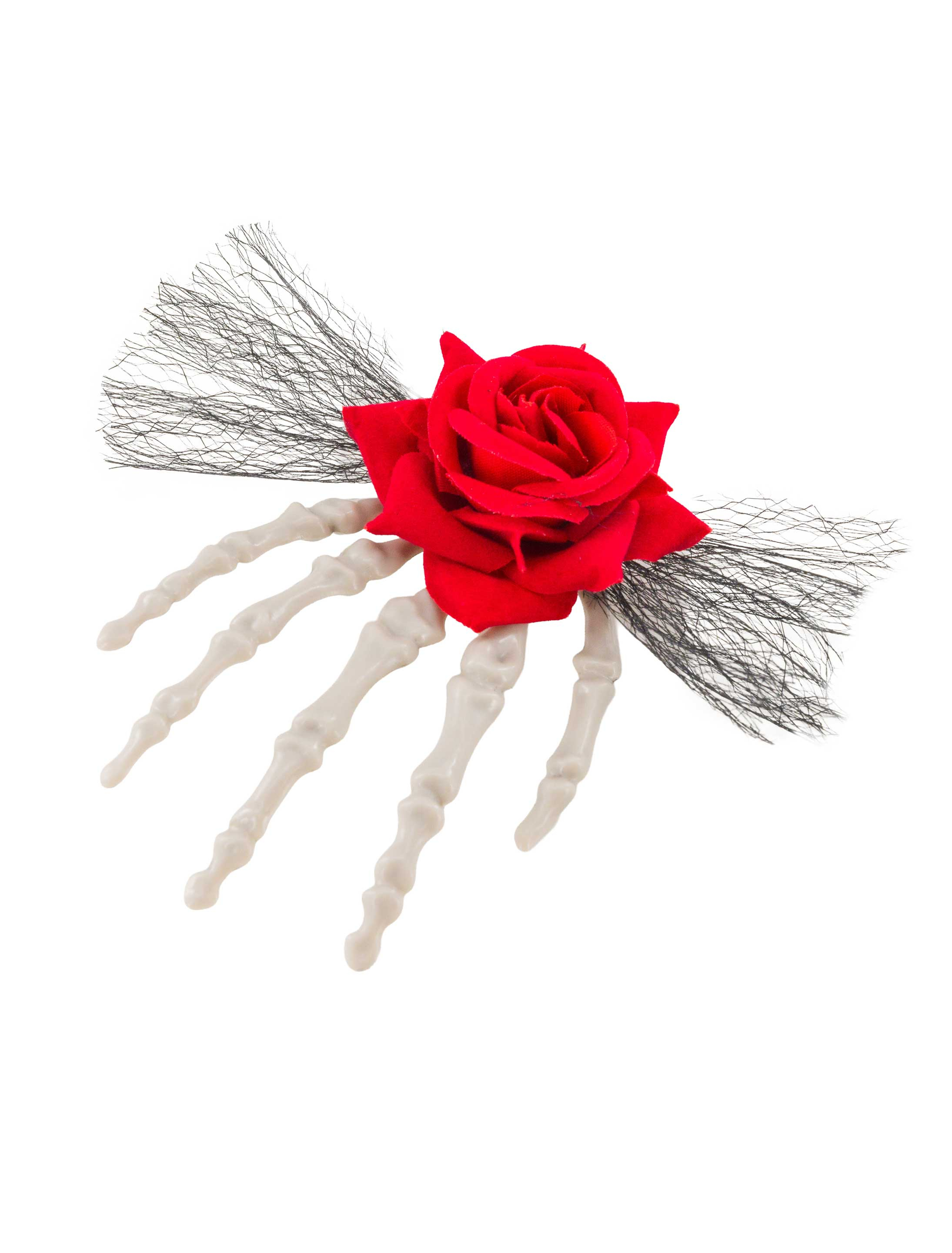Haarspange Skeletthand mit Rose schwarz/rot