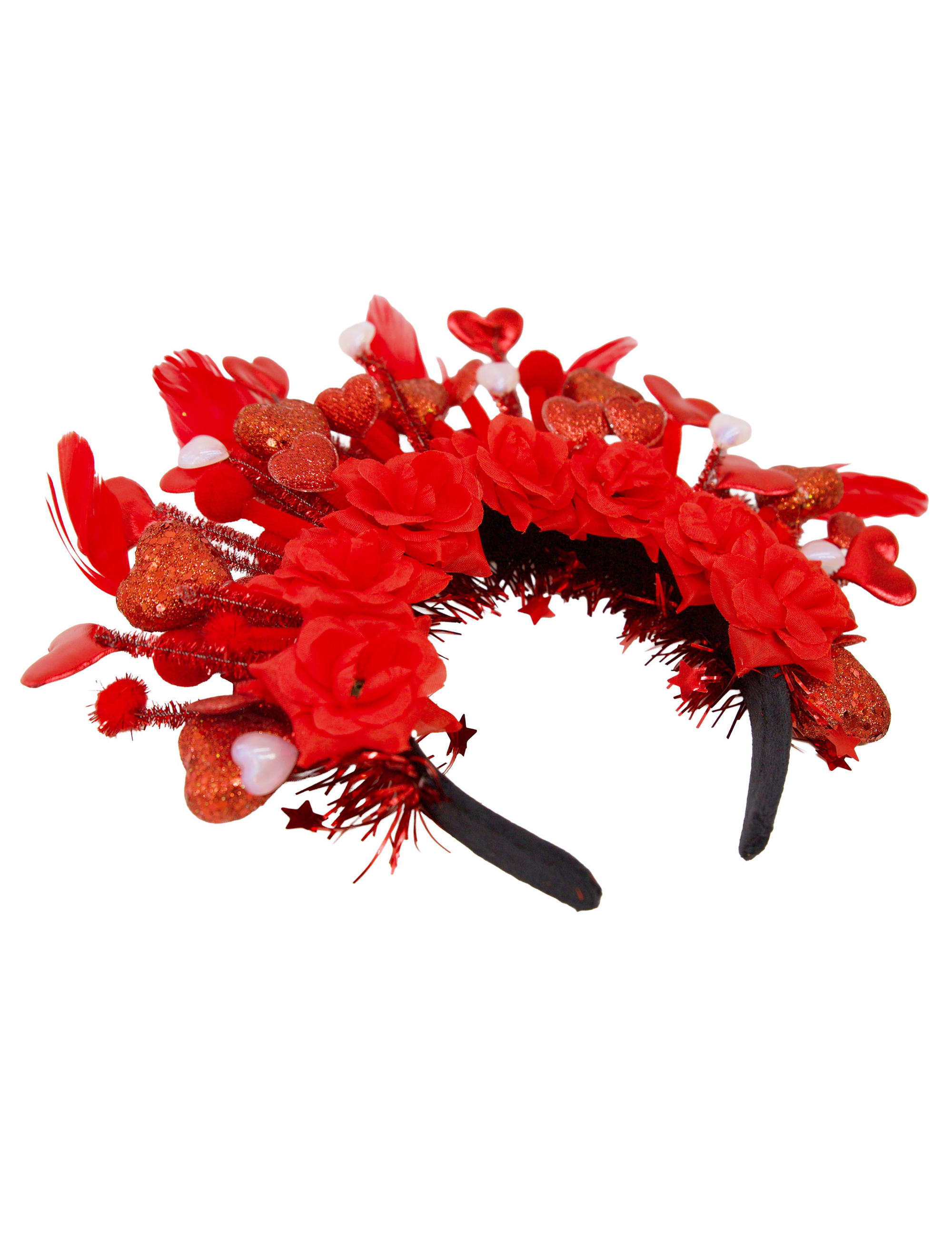 Haarreif mit Herzen, Rosen, Federn rot