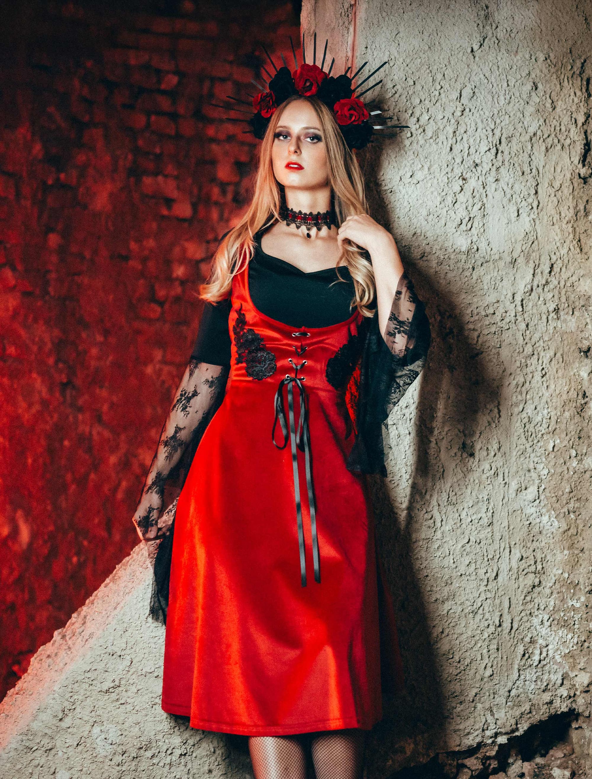 Samtkleid Vampirin Damen rot/schwarz 3XL