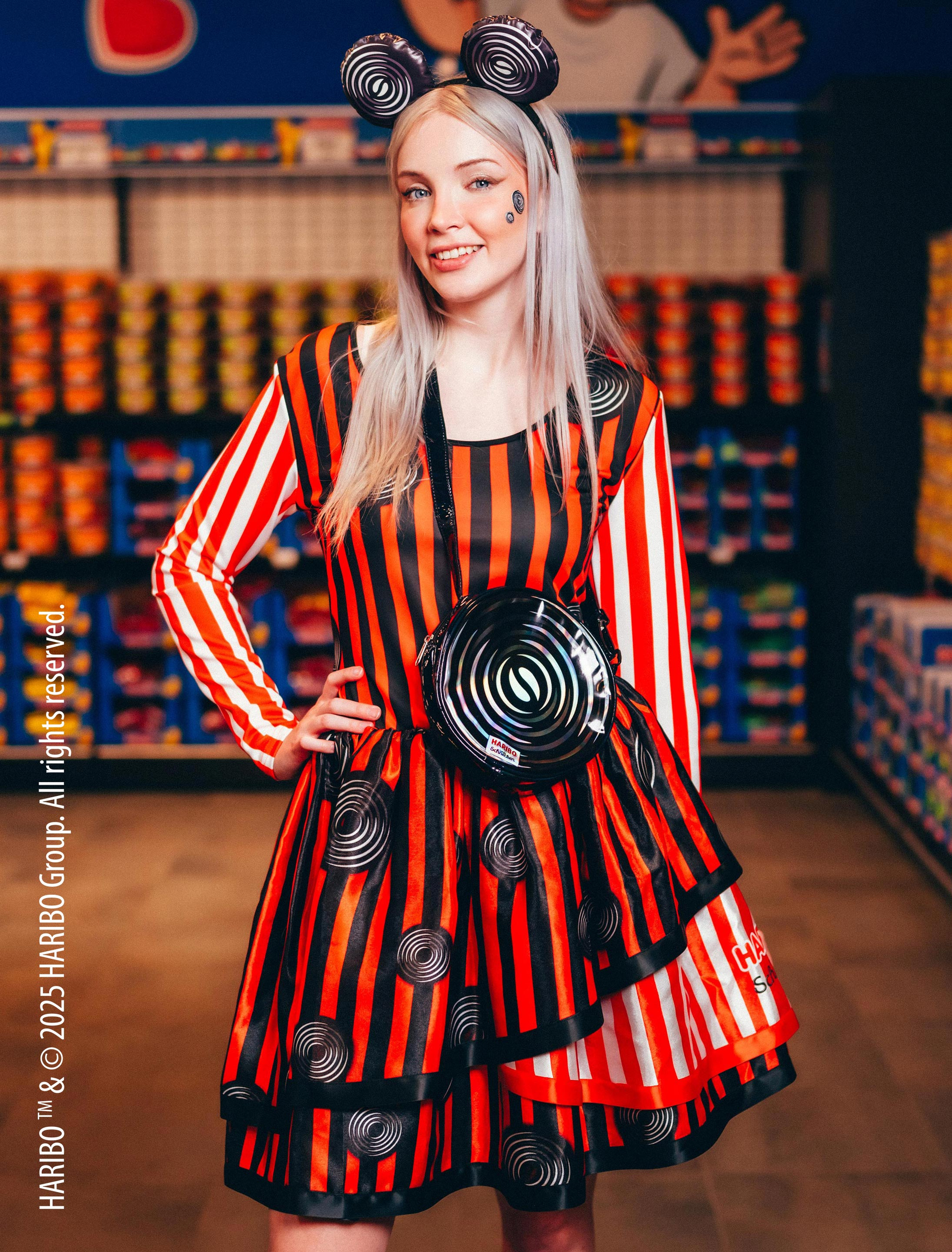 Kleid HARIBO Lakritz Schnecken Damen schwarz/weiß/rot M