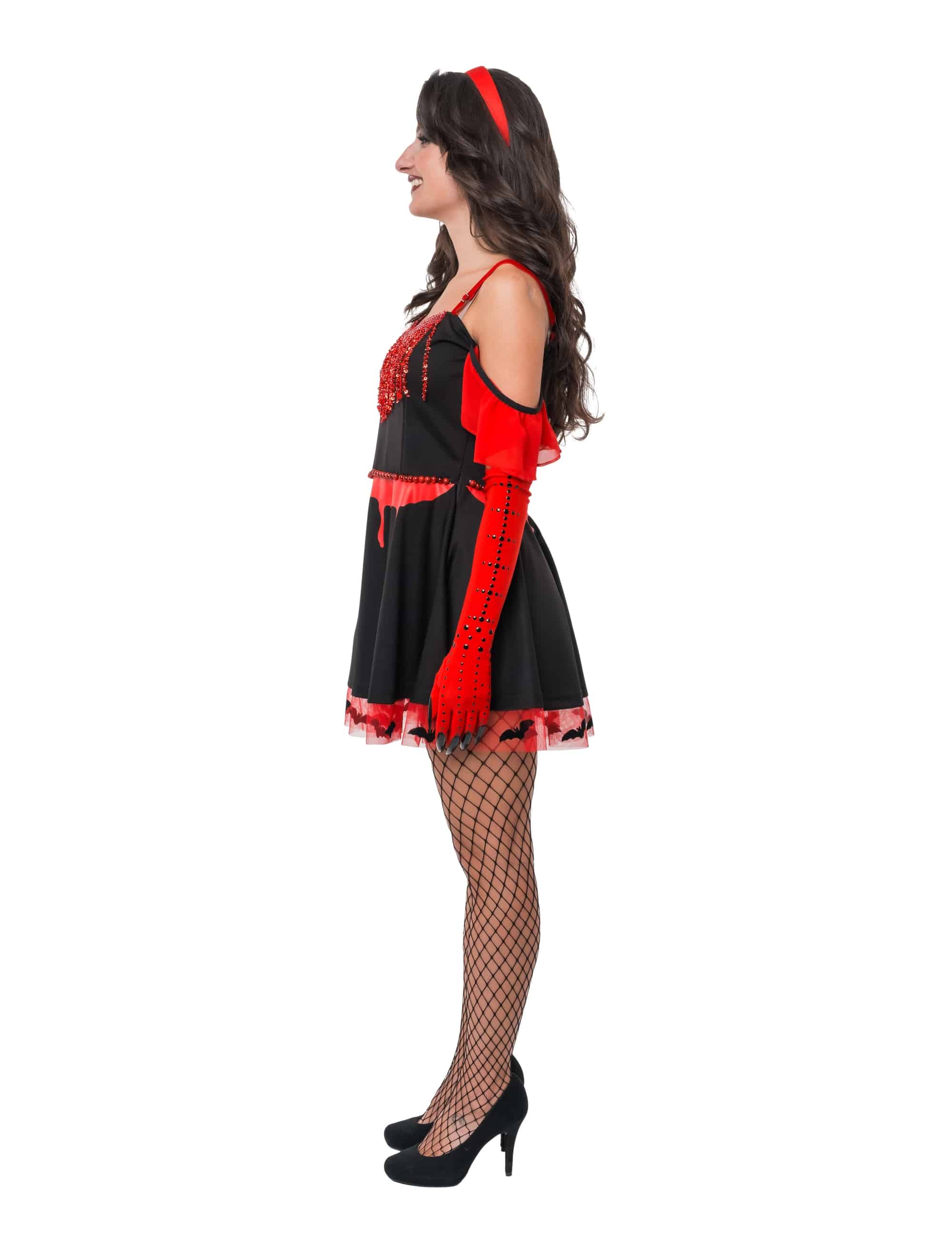 Kleid Vampirin mit Perlengürtel Damen schwarz/rot S/M