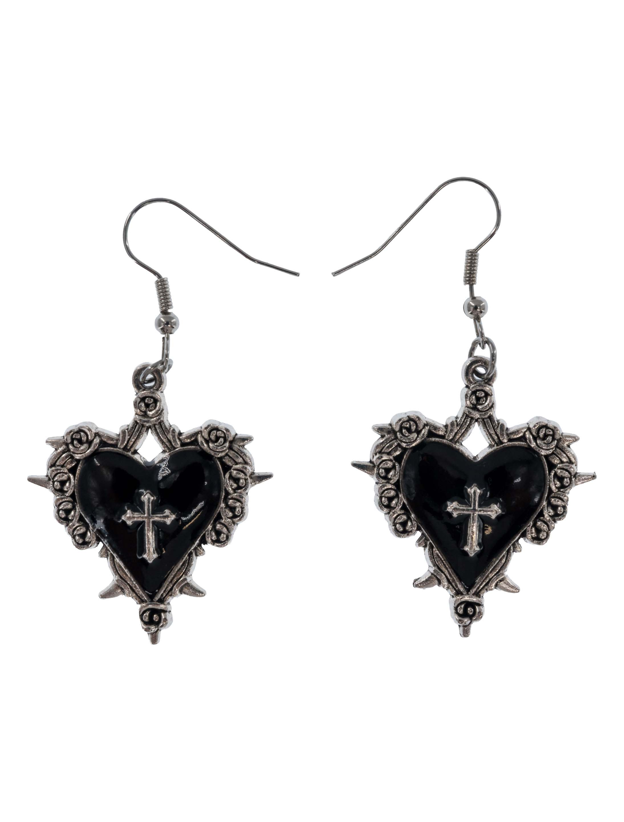 Ohrringe Herz mit Kreuz schwarz/silber