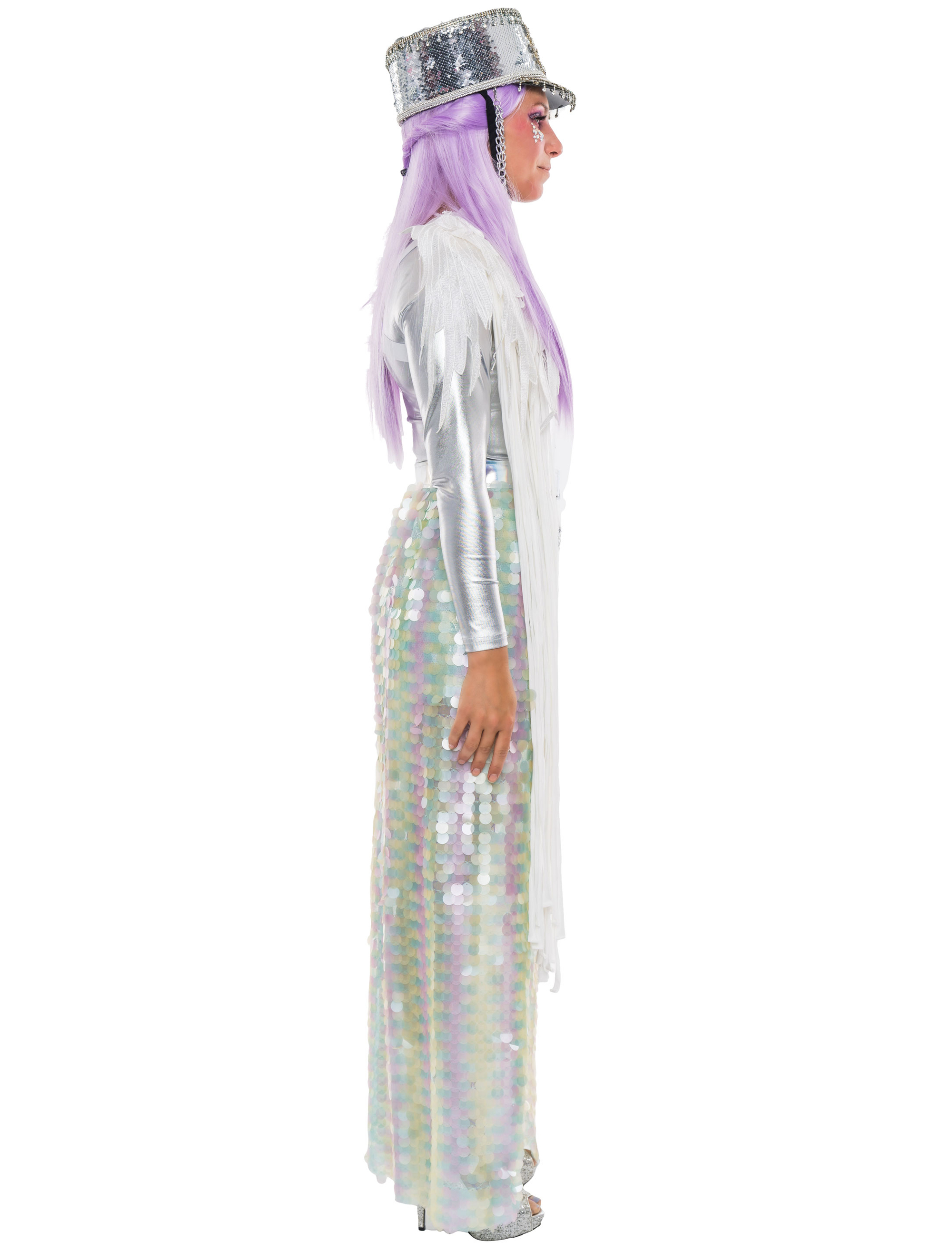 Rock Pailletten lang Damen silber S/M