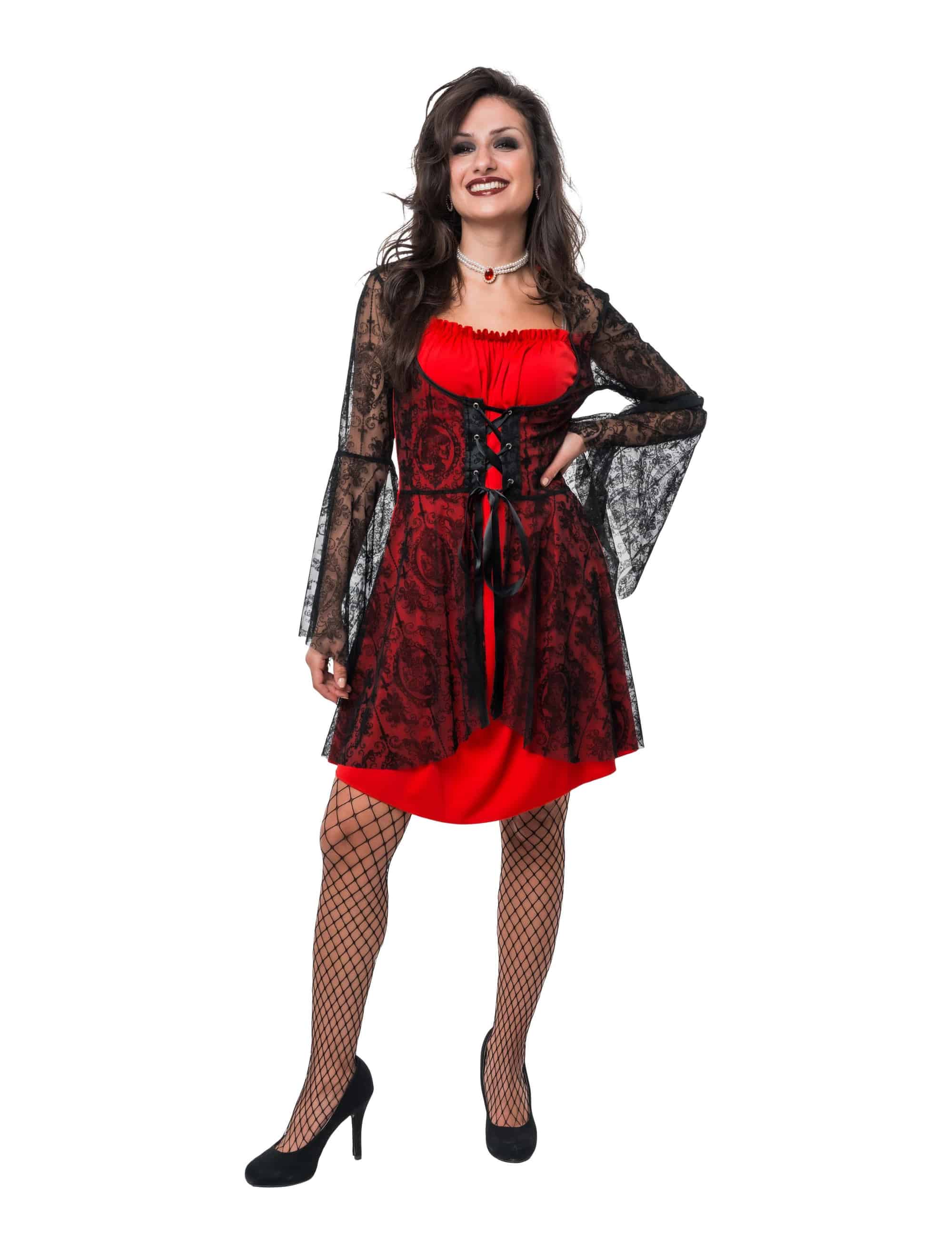 Kleid Vampir mit Trompetenärmeln und Spitze Damen rot/schwarz S/M
