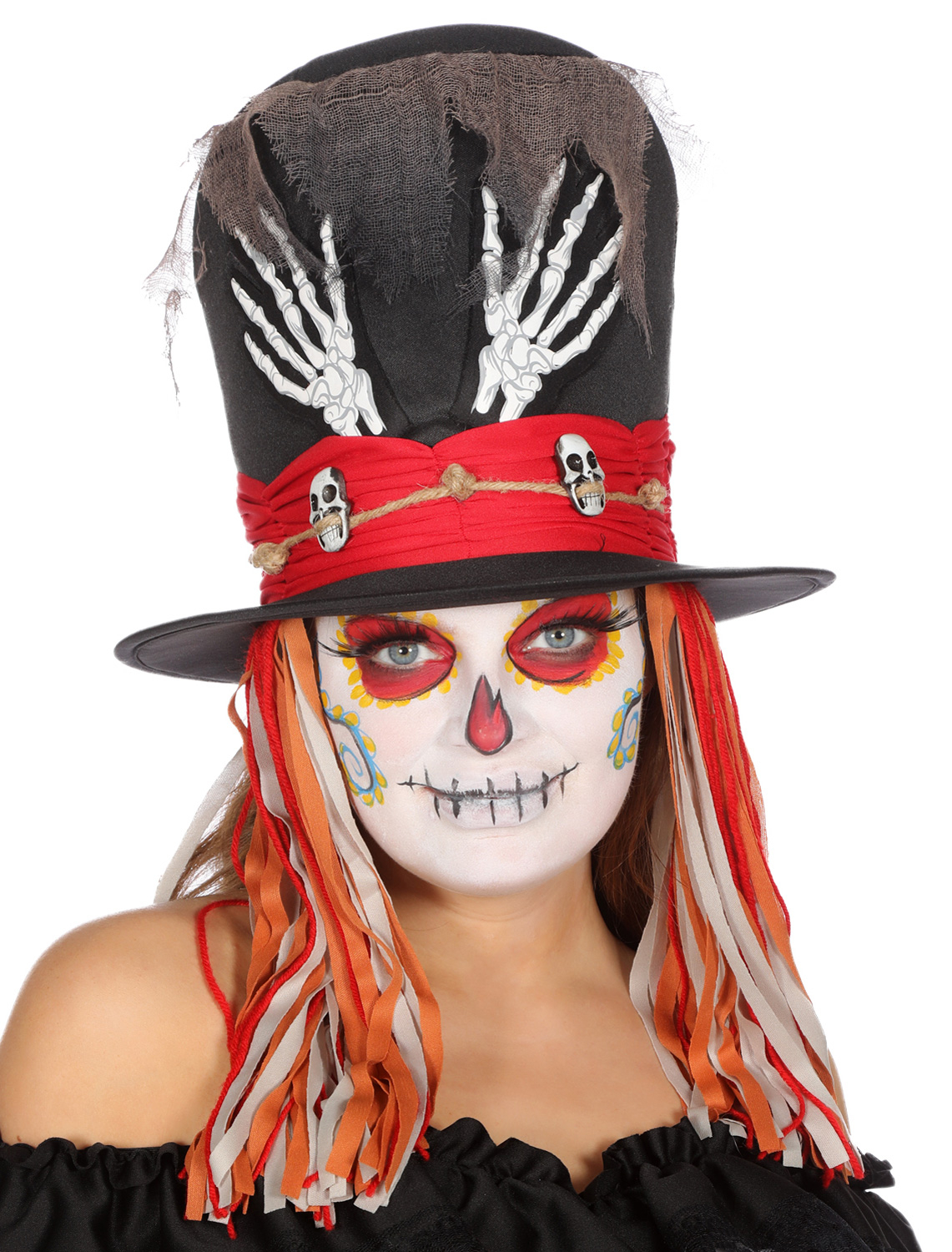 Hut Voodoo schwarz/rot mit Skeletthänden