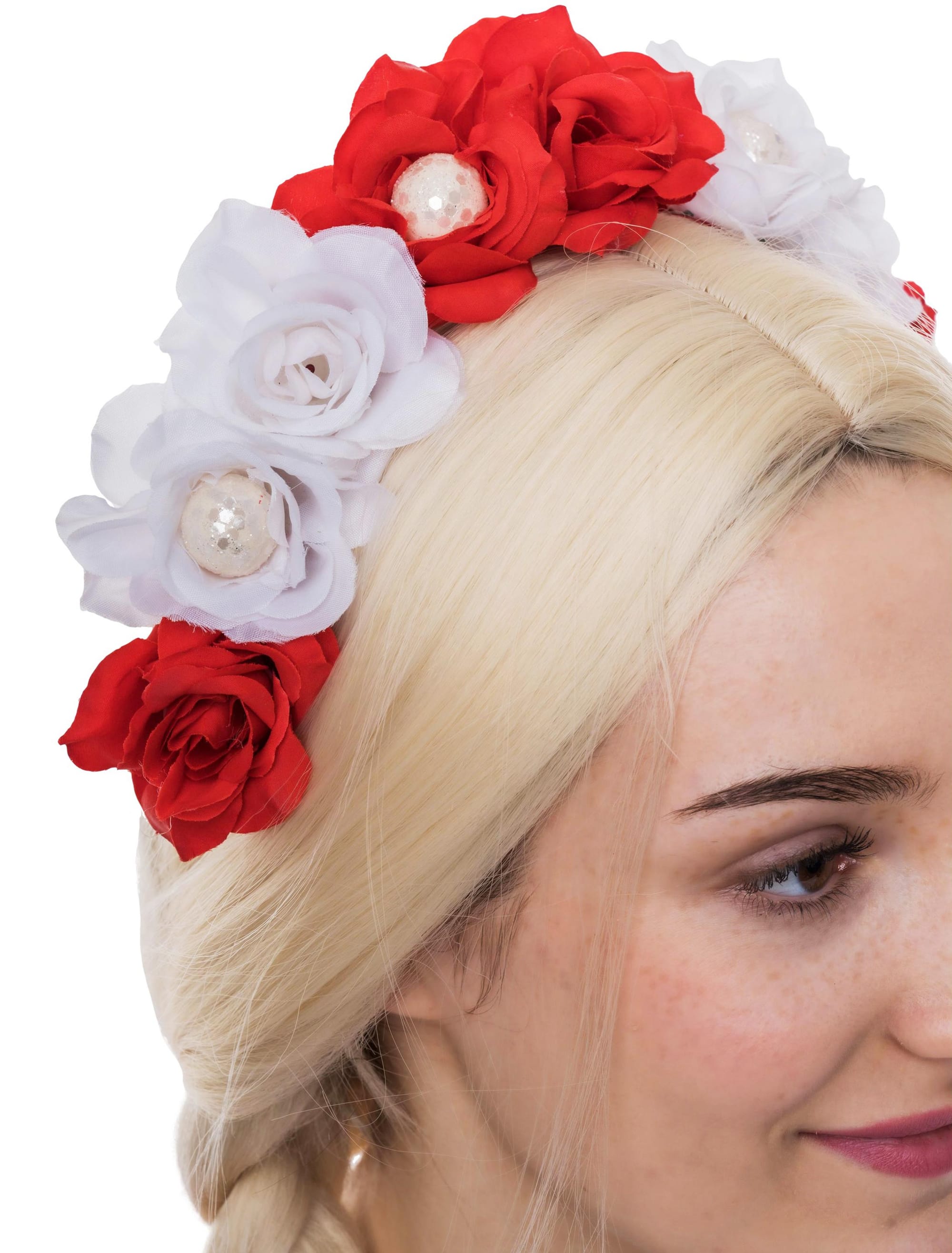 Haarreif mit Blumen rot/weiß