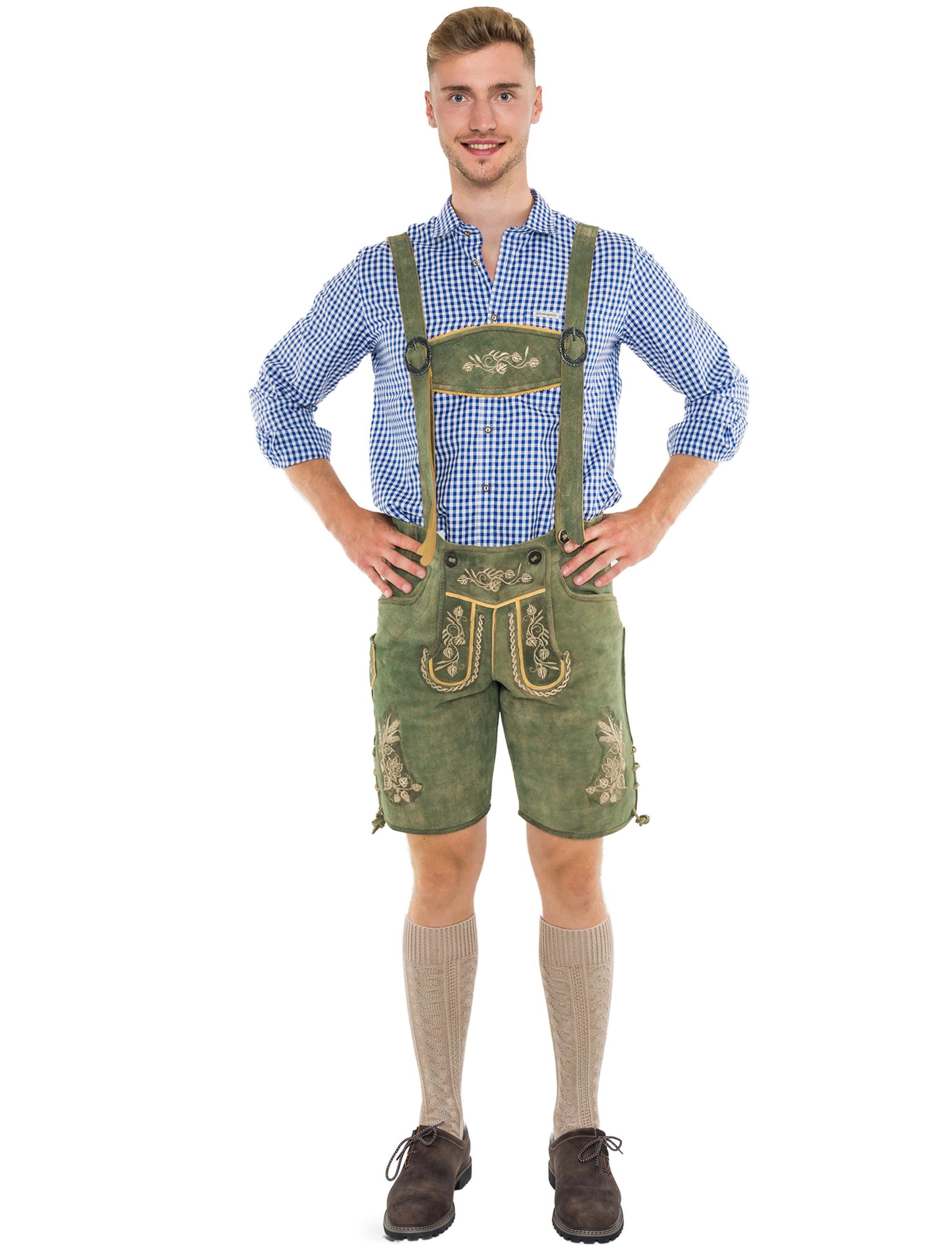 Lederhose kurz mit Blumen Herren grün XL