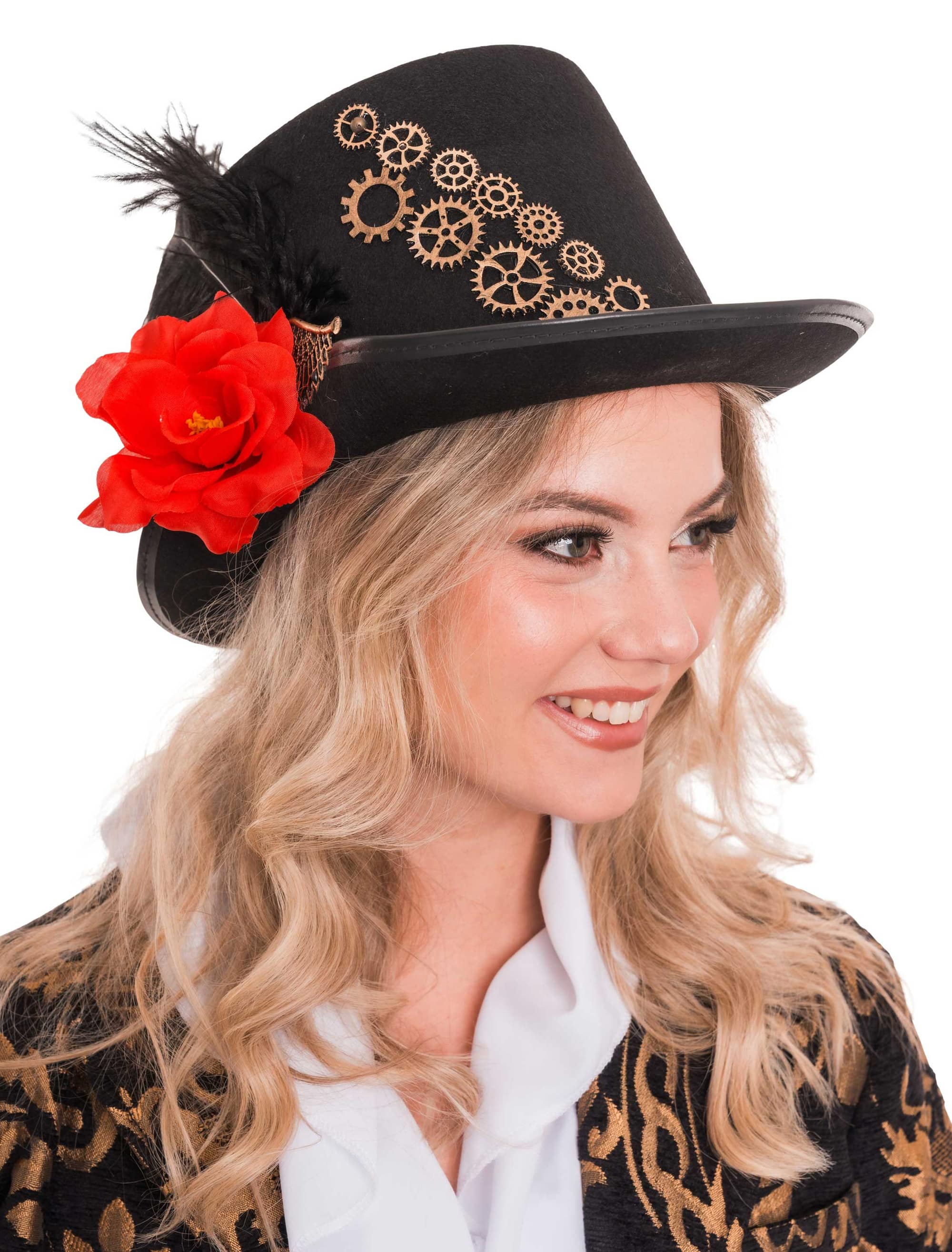 Zylinder mit Zahnrädern, Federn und Blume schwarz 59
