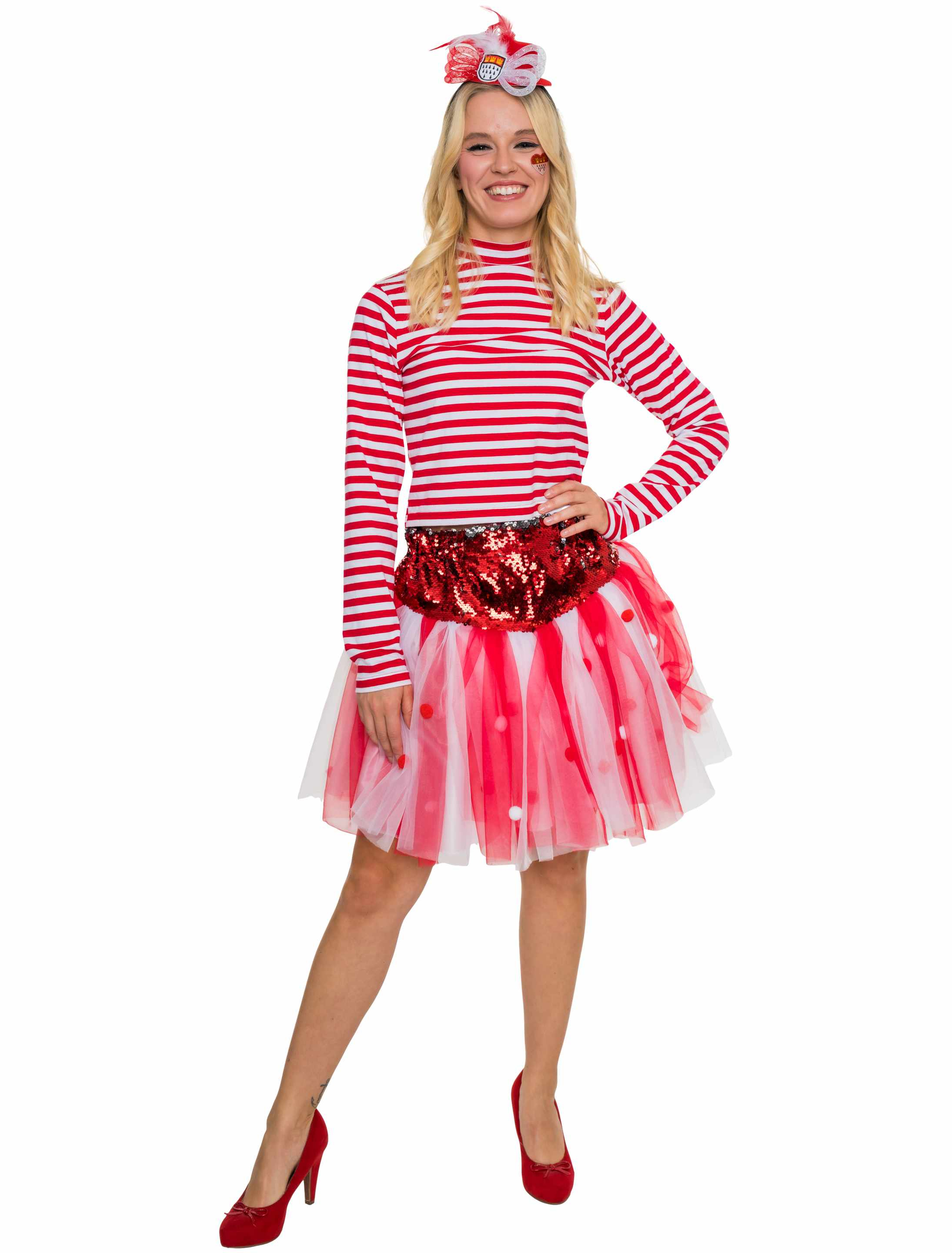 Petticoat mit Pailletten und Pompons Damen rot/weiß L/XL