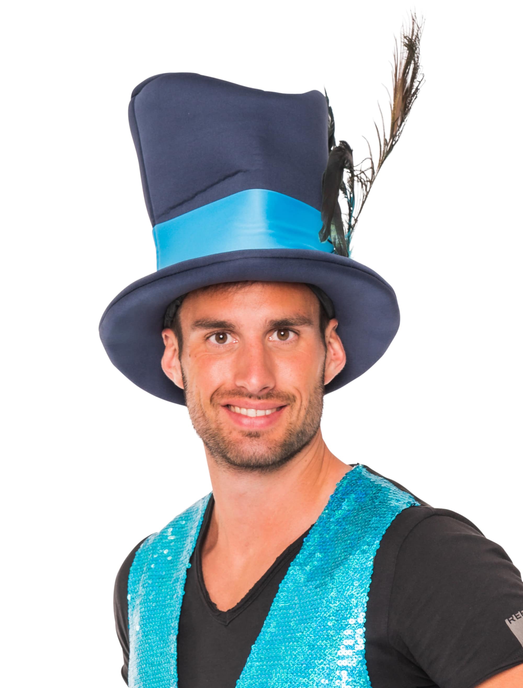 Zylinder blau hoch mit Pfauenfeder blau one size
