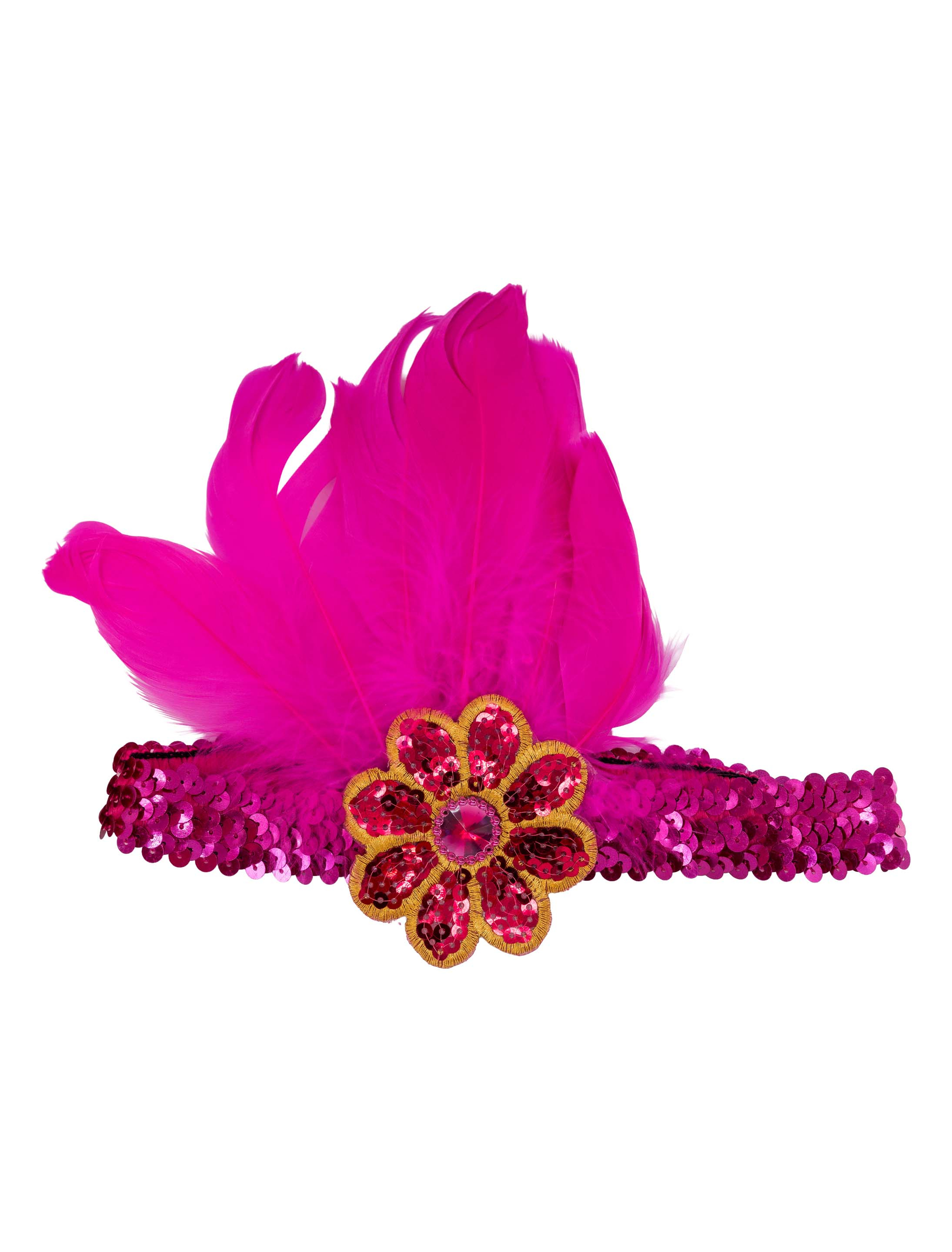 Stirnband Pailletten mit Federn und Blume pink