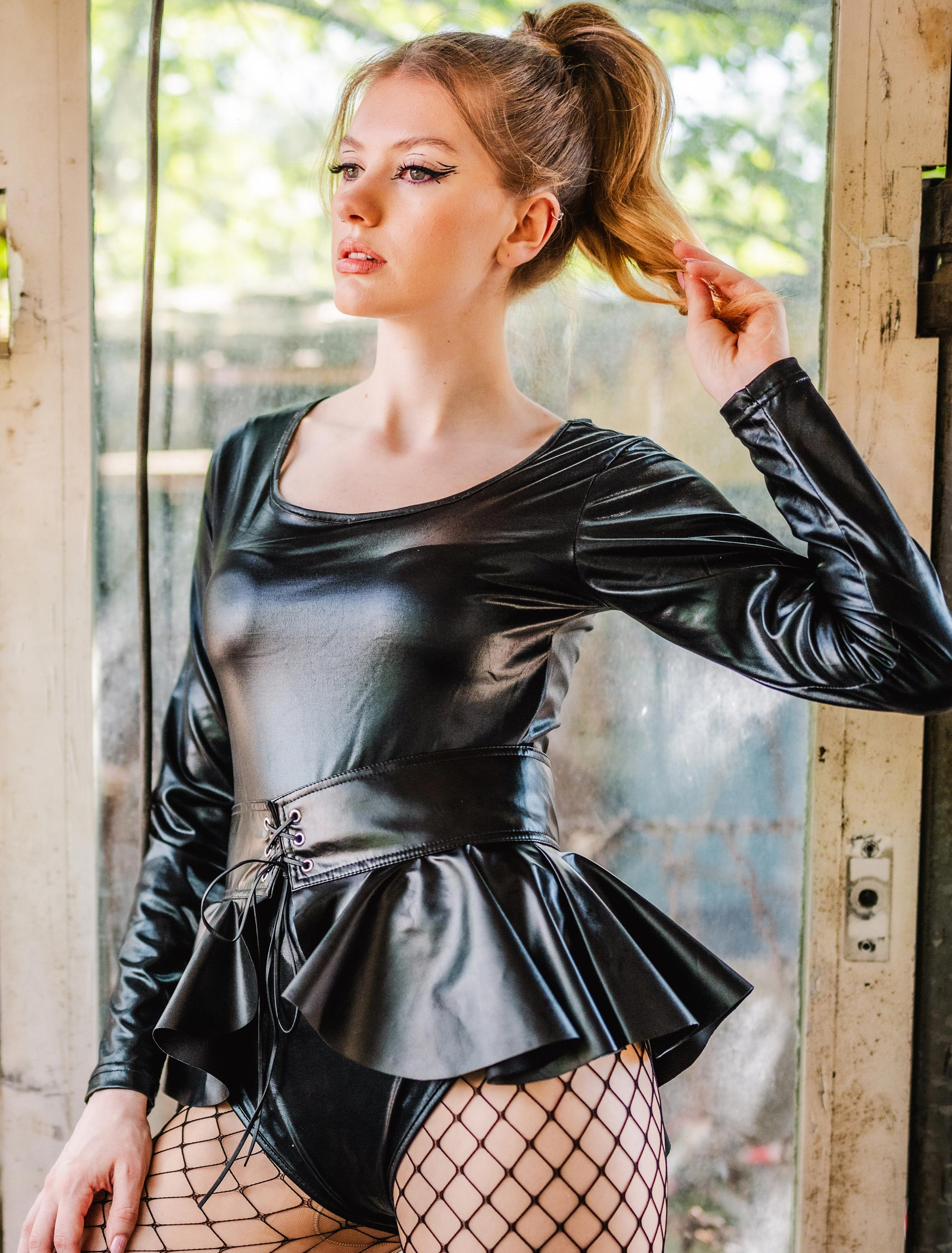 Body langarm metallic Damen schwarz L/XL