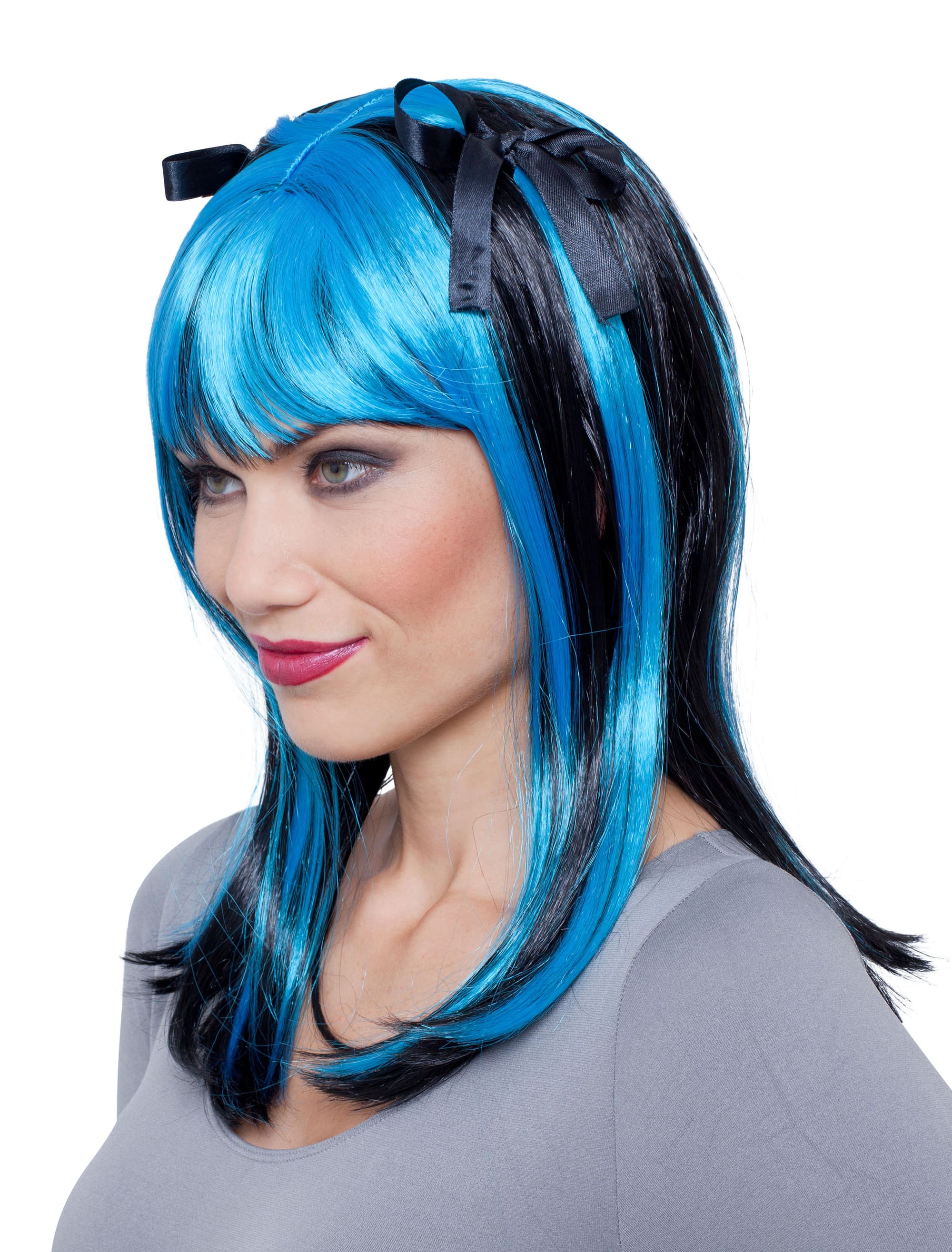 Perücke mit Schleifen schwarz/blau meliert