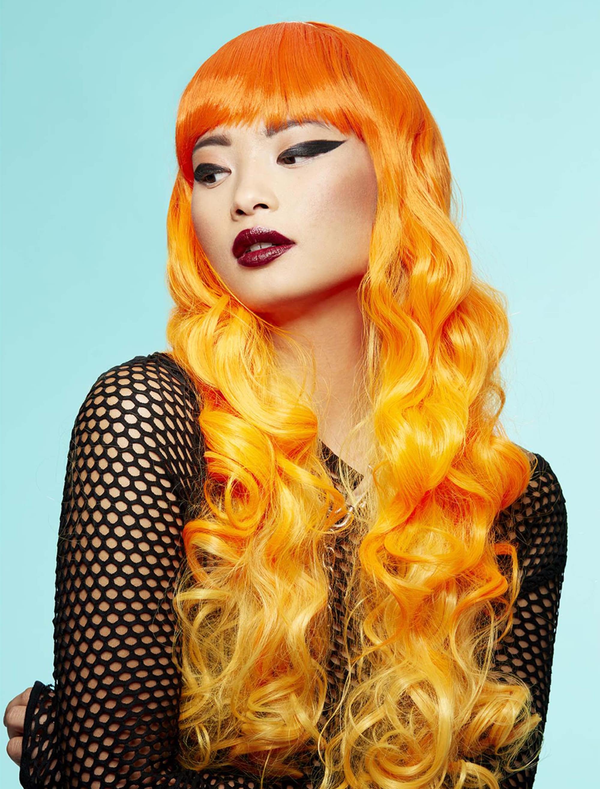 Perücke Langhaar lockig mit Pony orange