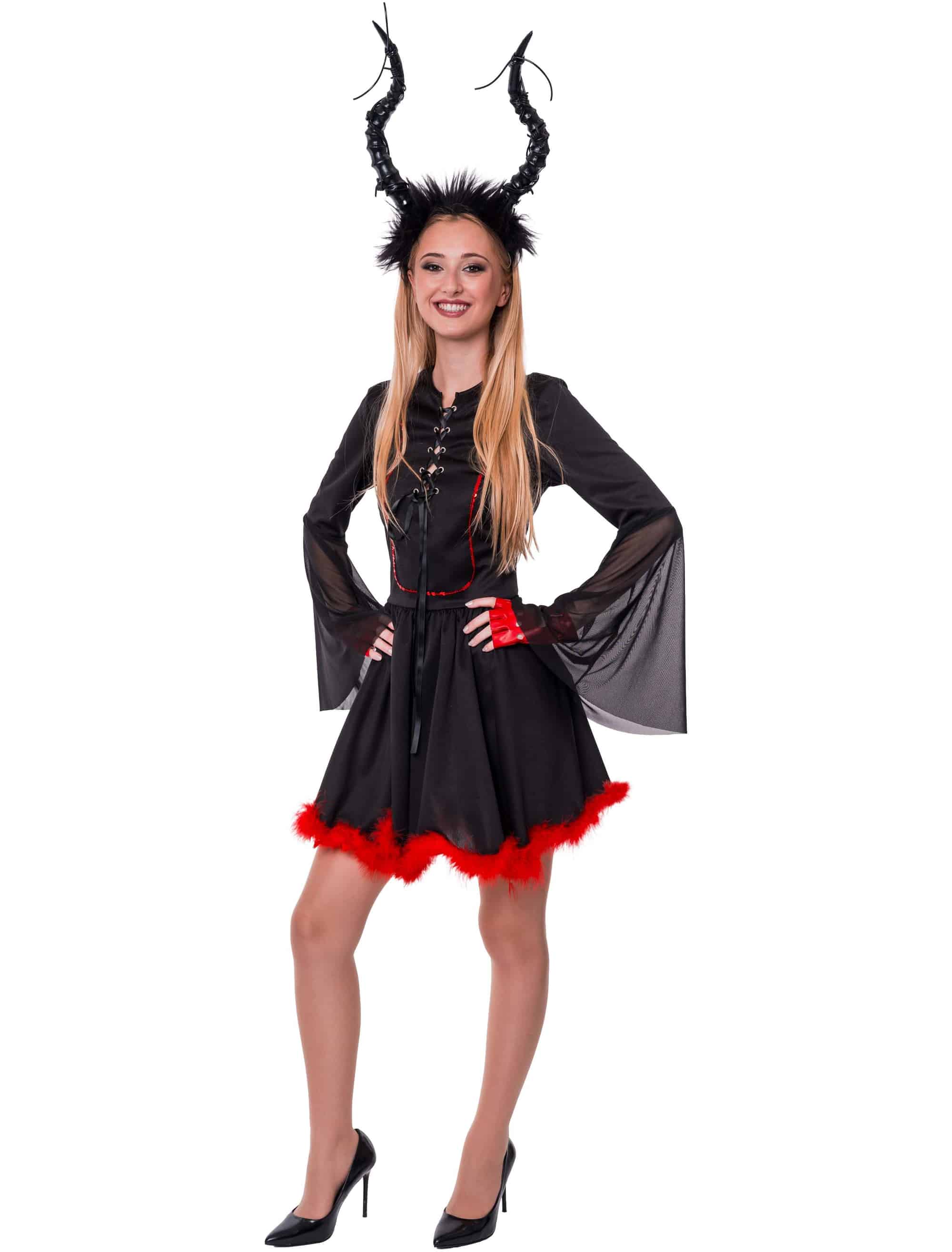 Kleid Teufel mit Schnürung und Marabu Damen schwarz/rot S