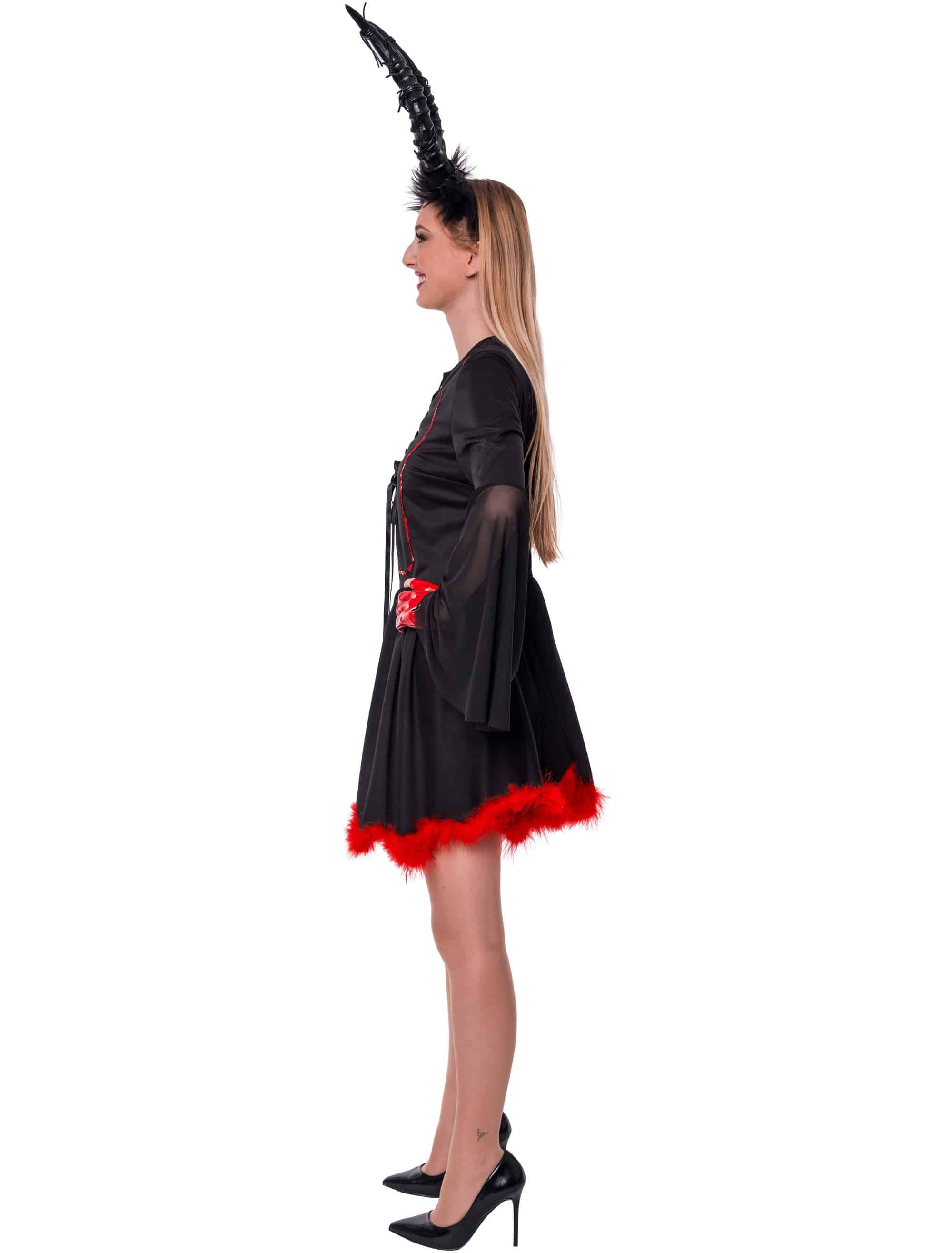 Kleid Teufel mit Schnürung und Marabu Damen schwarz/rot S