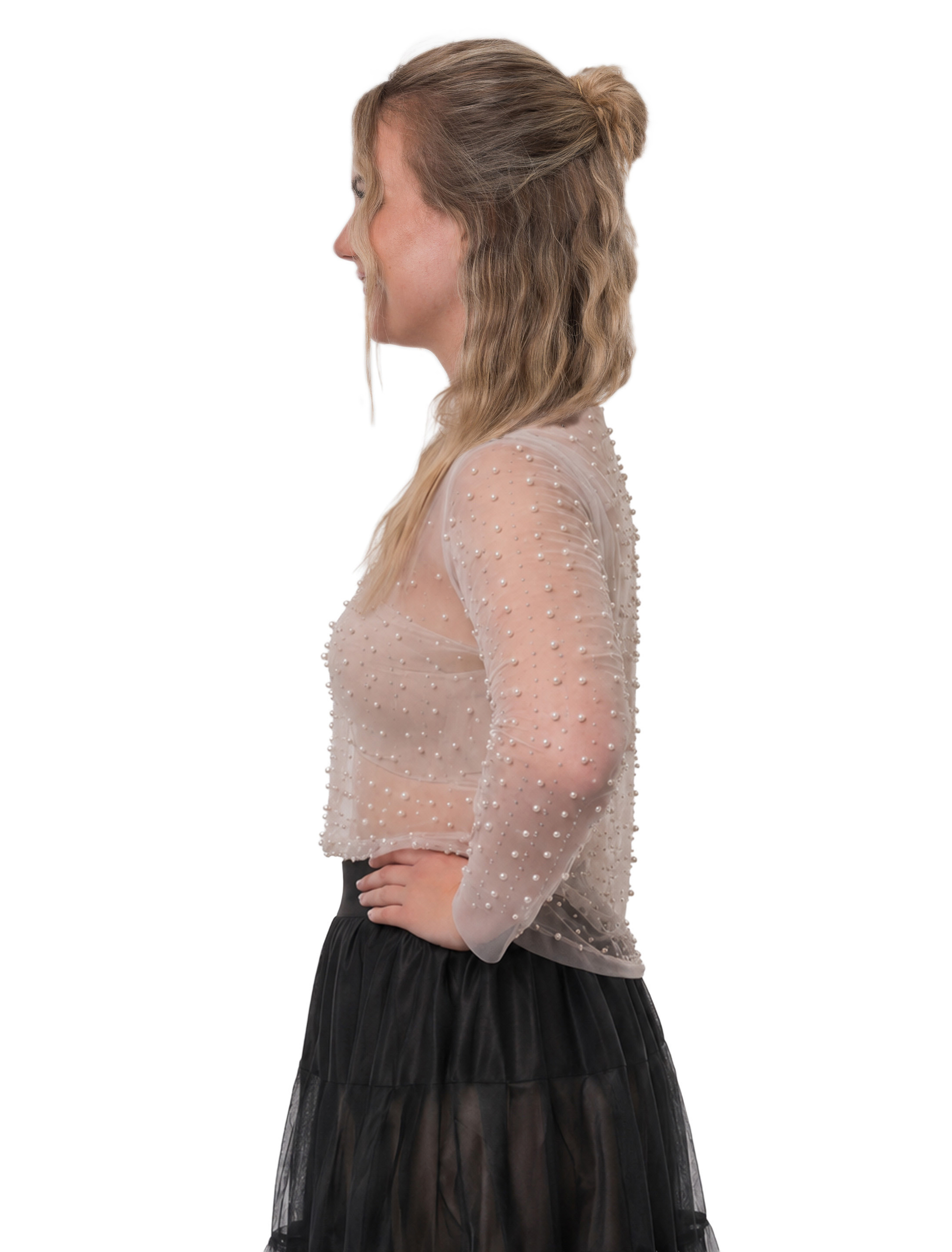 Oberteil Mesh mit Perlen und Strass weiß S/M