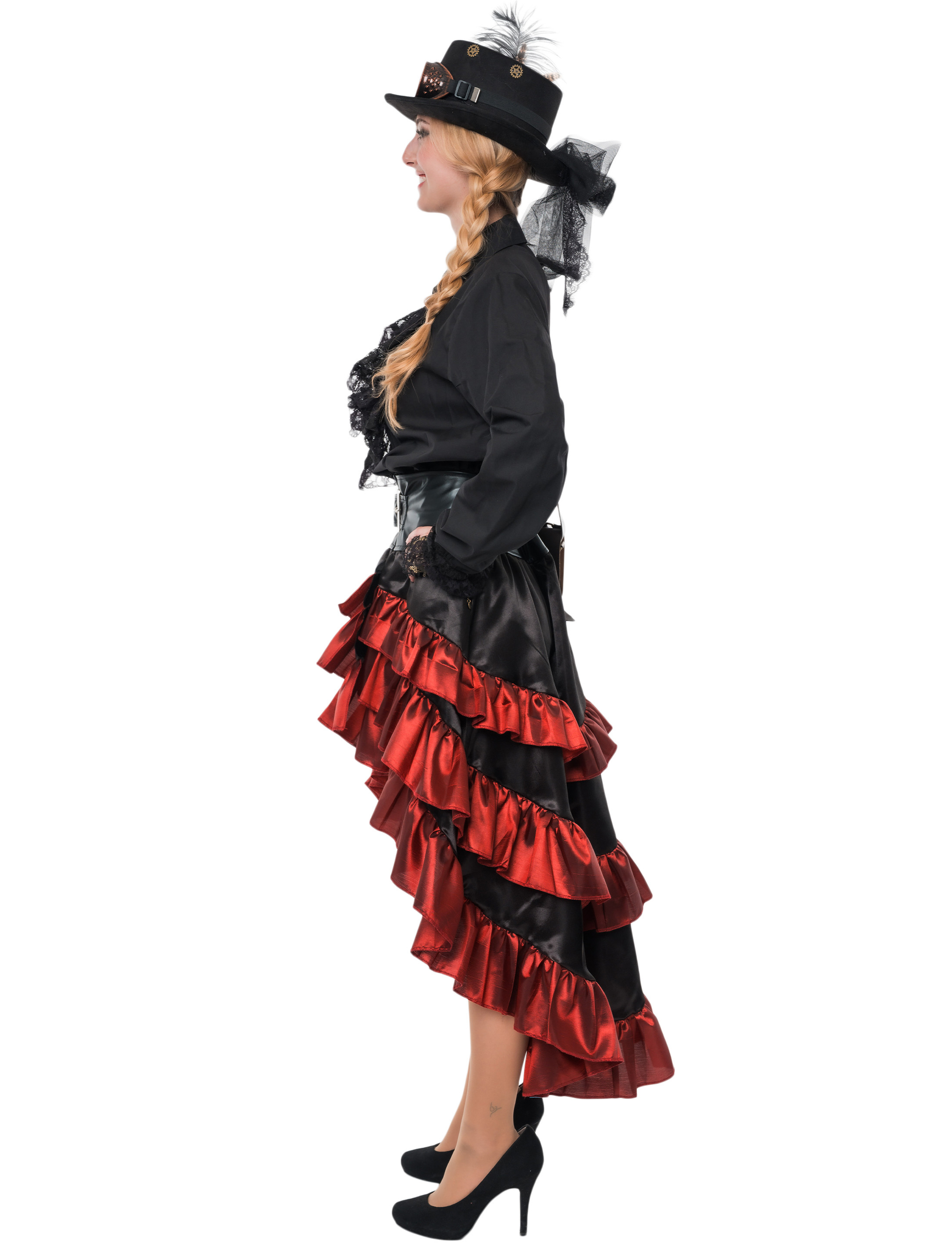 Rock Steampunk mit Schnalle Damen schwarz/weinrot S/M