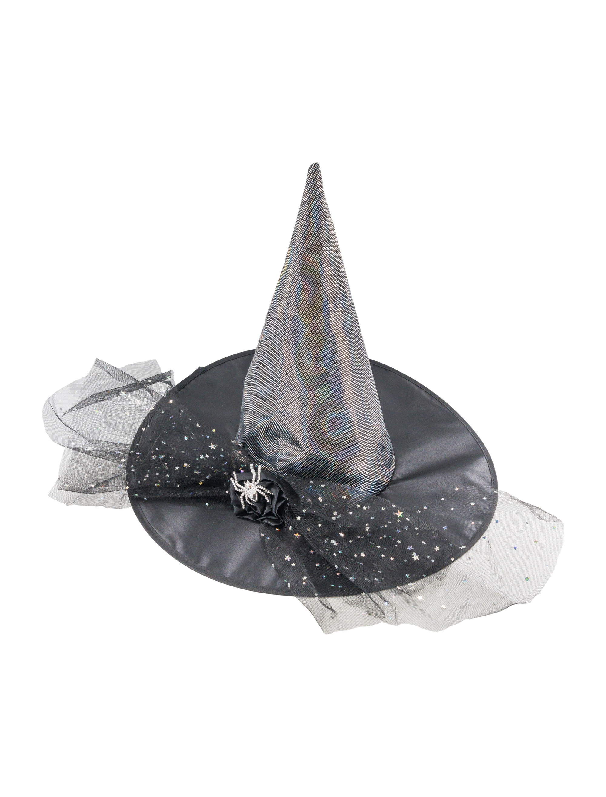 Hexenhut mit Spinne und Tüll schwarz/silber one size
