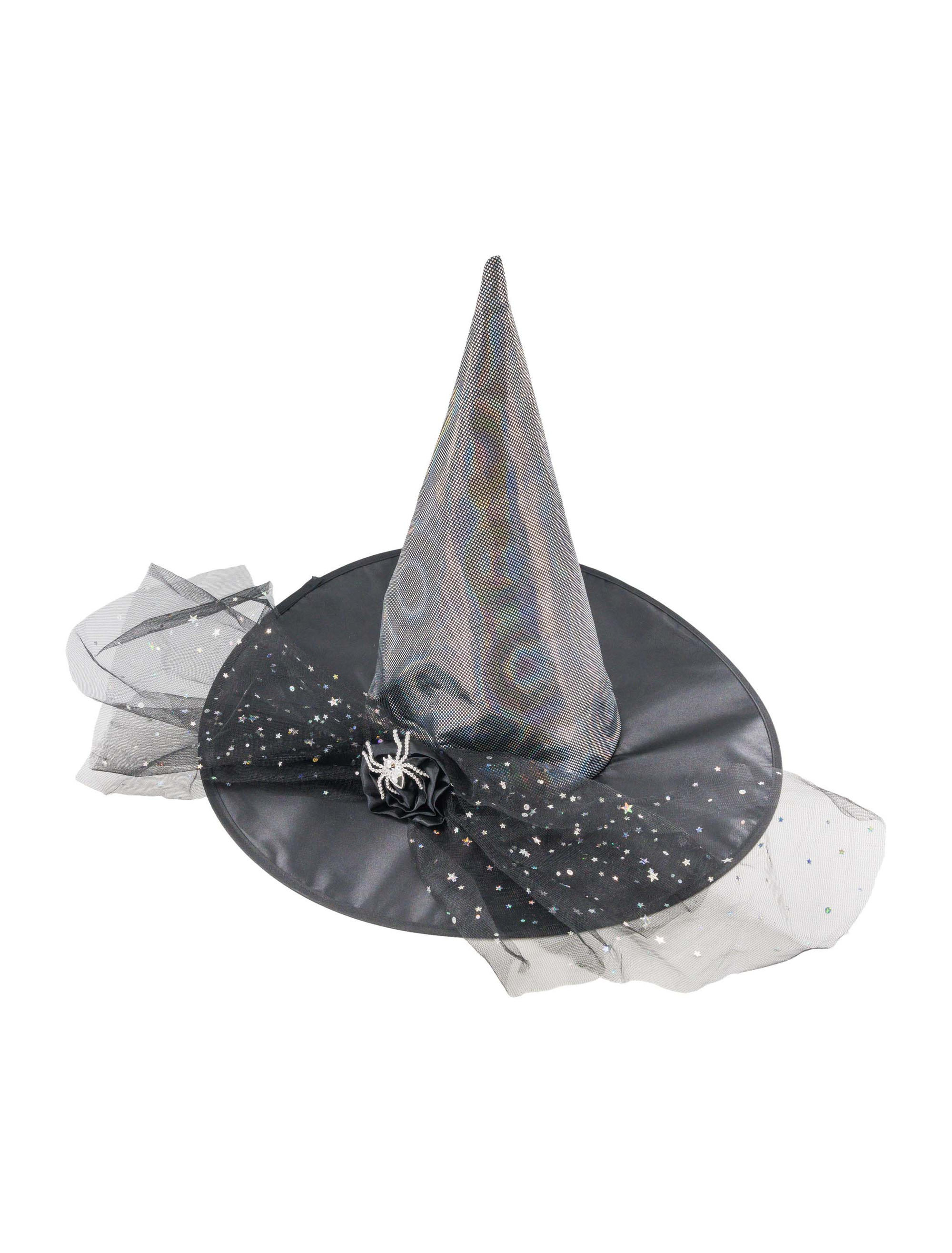 Hexenhut mit Spinne und Tüll schwarz/silber one size