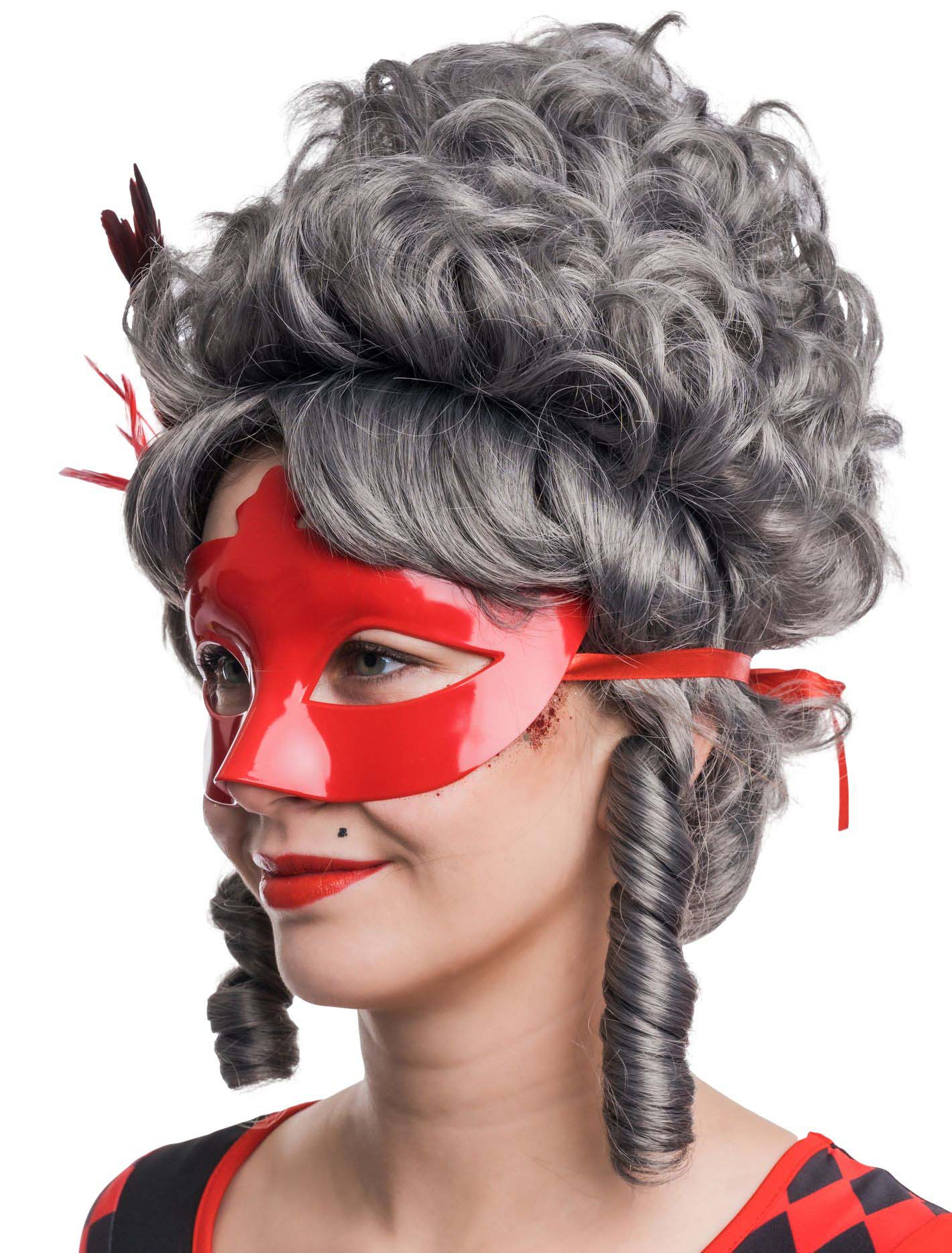 Augenmaske mit Federn Metallic rot