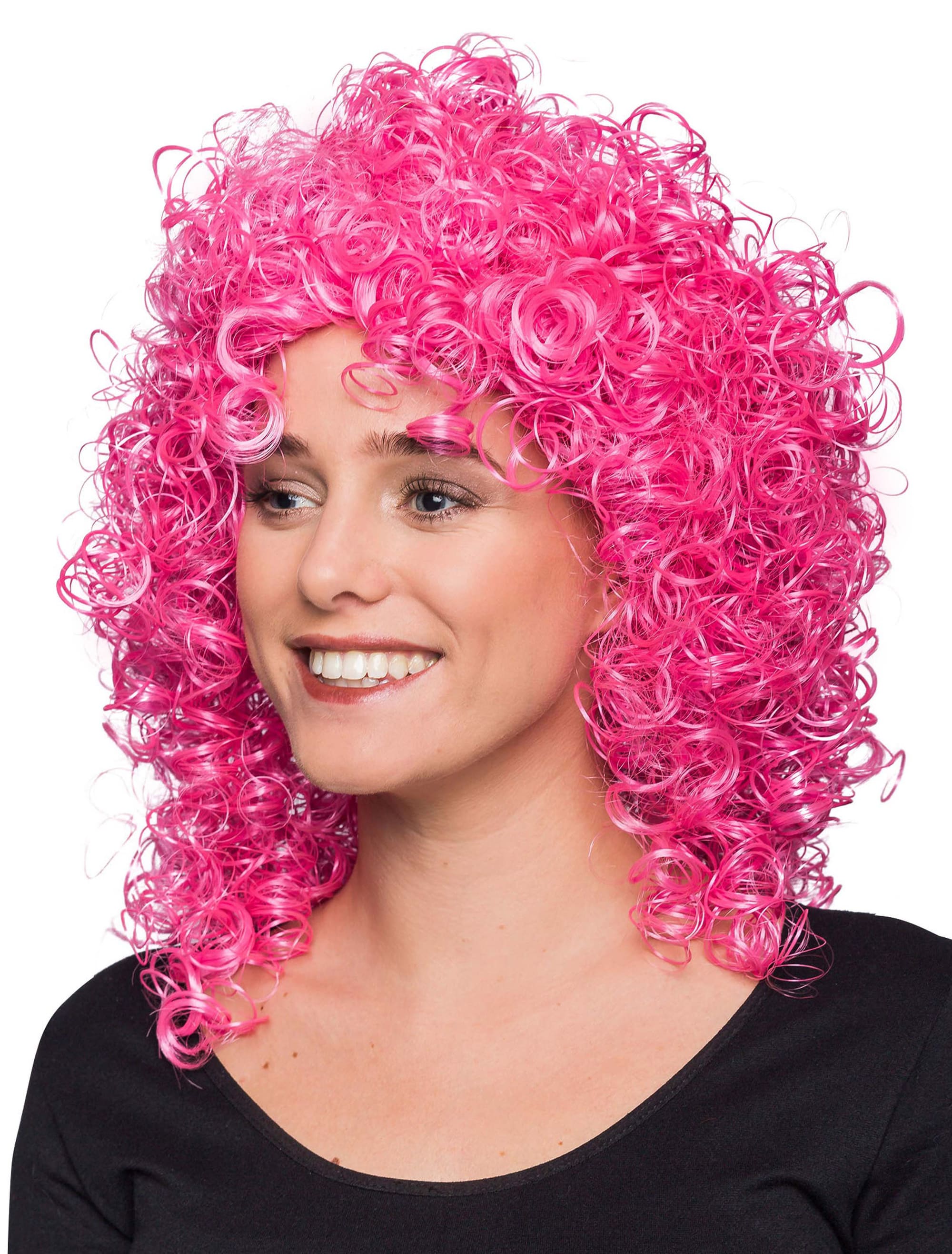 Perücke mittelang wilde Locken pink one size