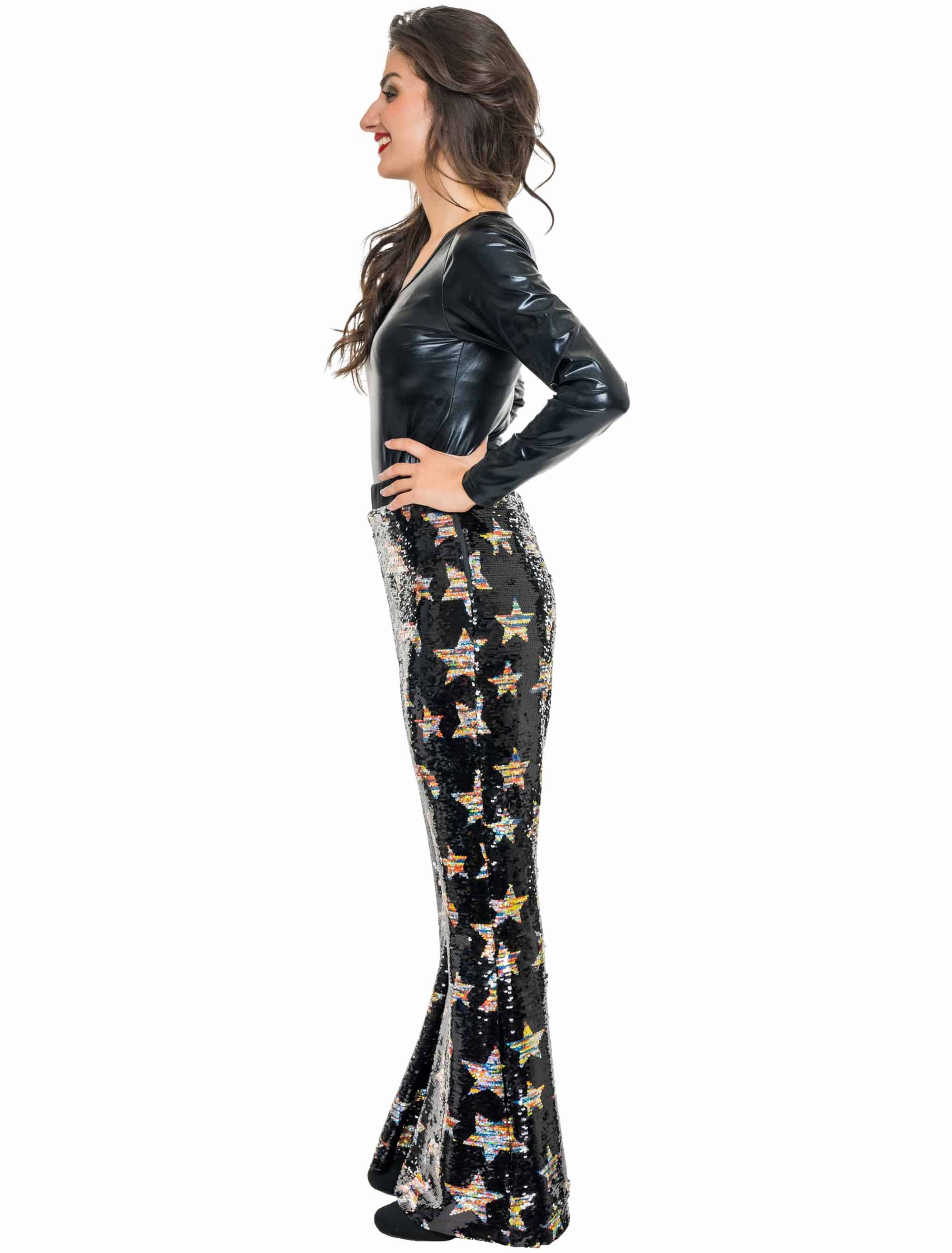 Hose mit Pailletten Mond und Sterne Damen schwarz/silber XS