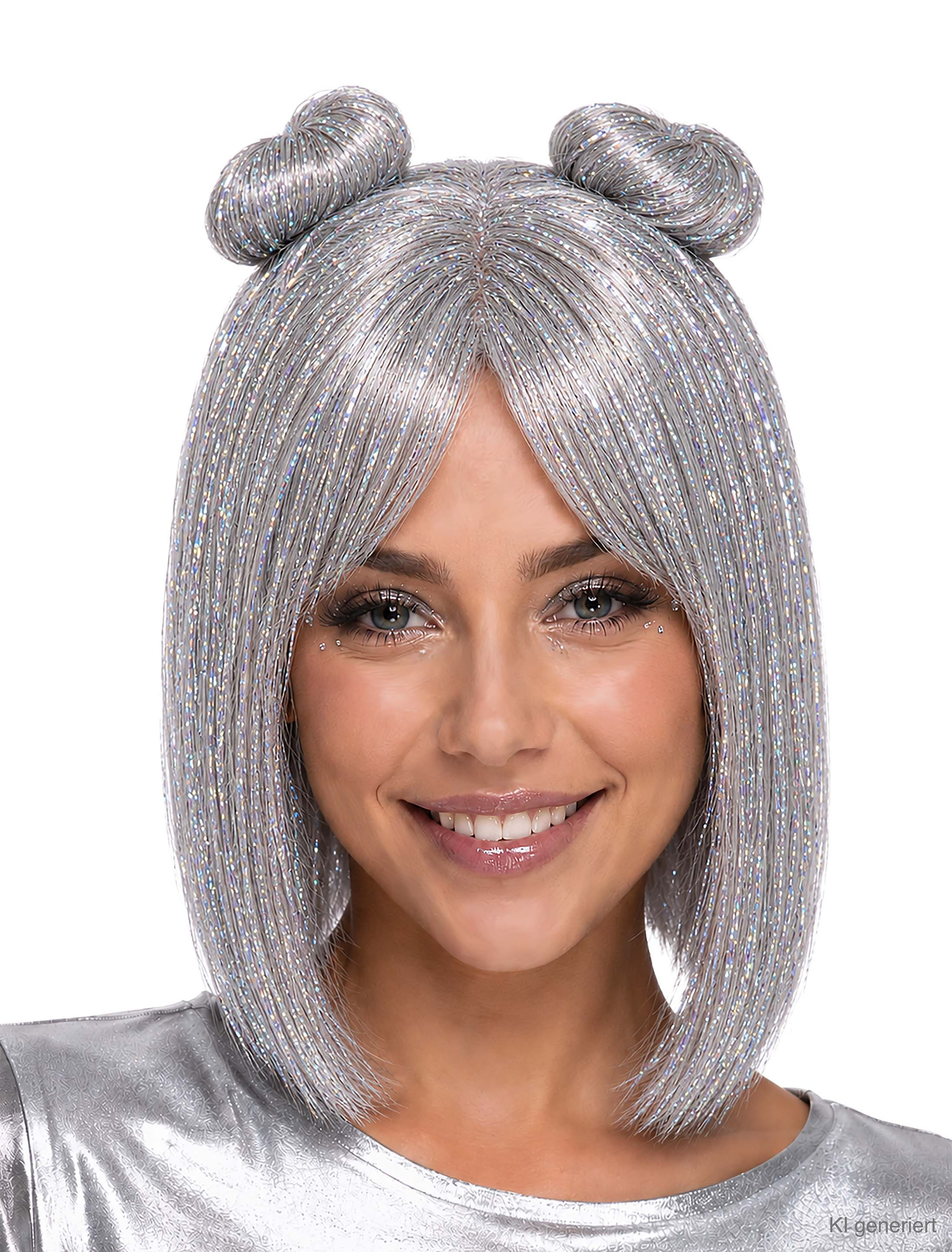 Perücke mit 2 Haarknoten und Lametta silber