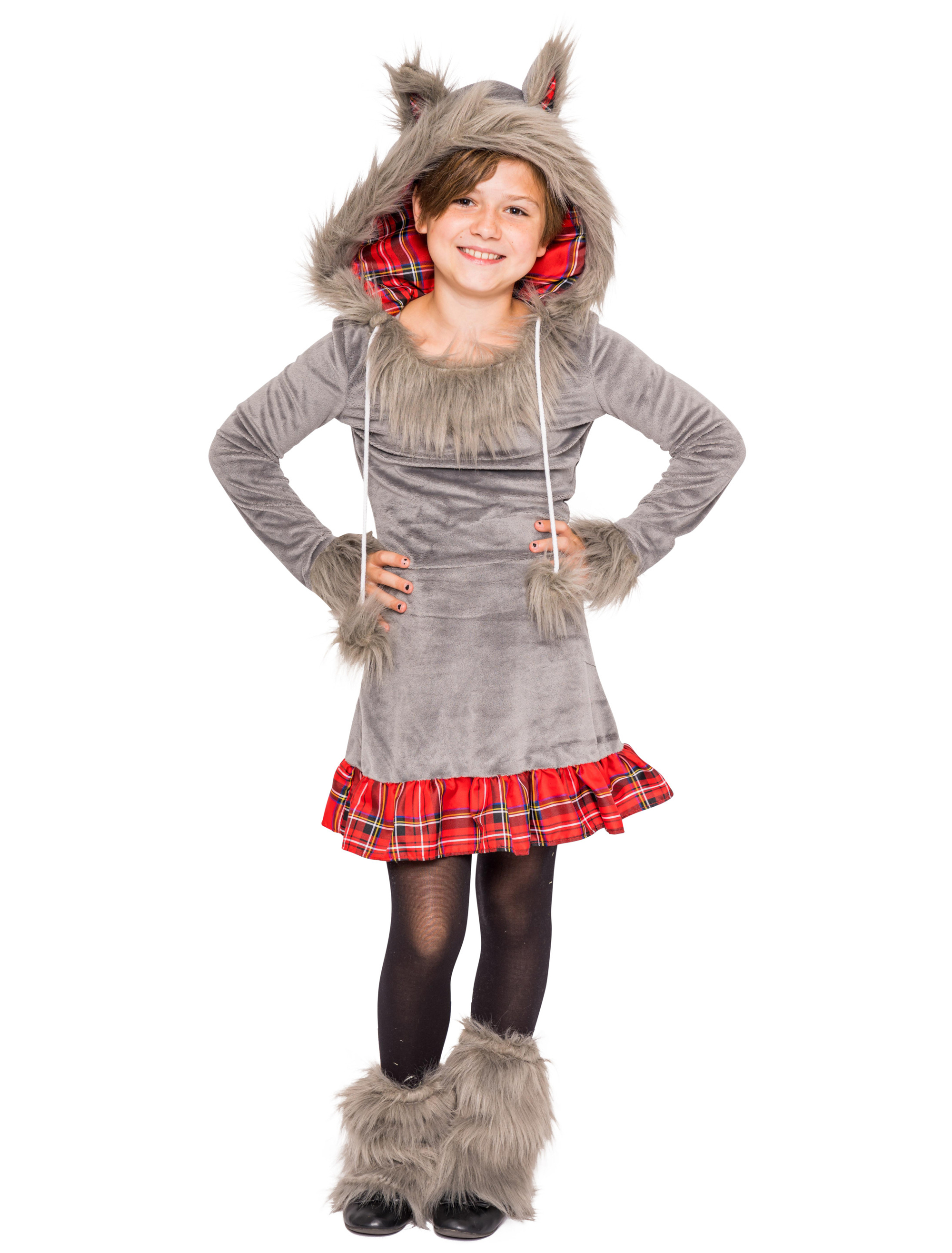 Kleid Plüsch Wolf Kinder rot/grau 140