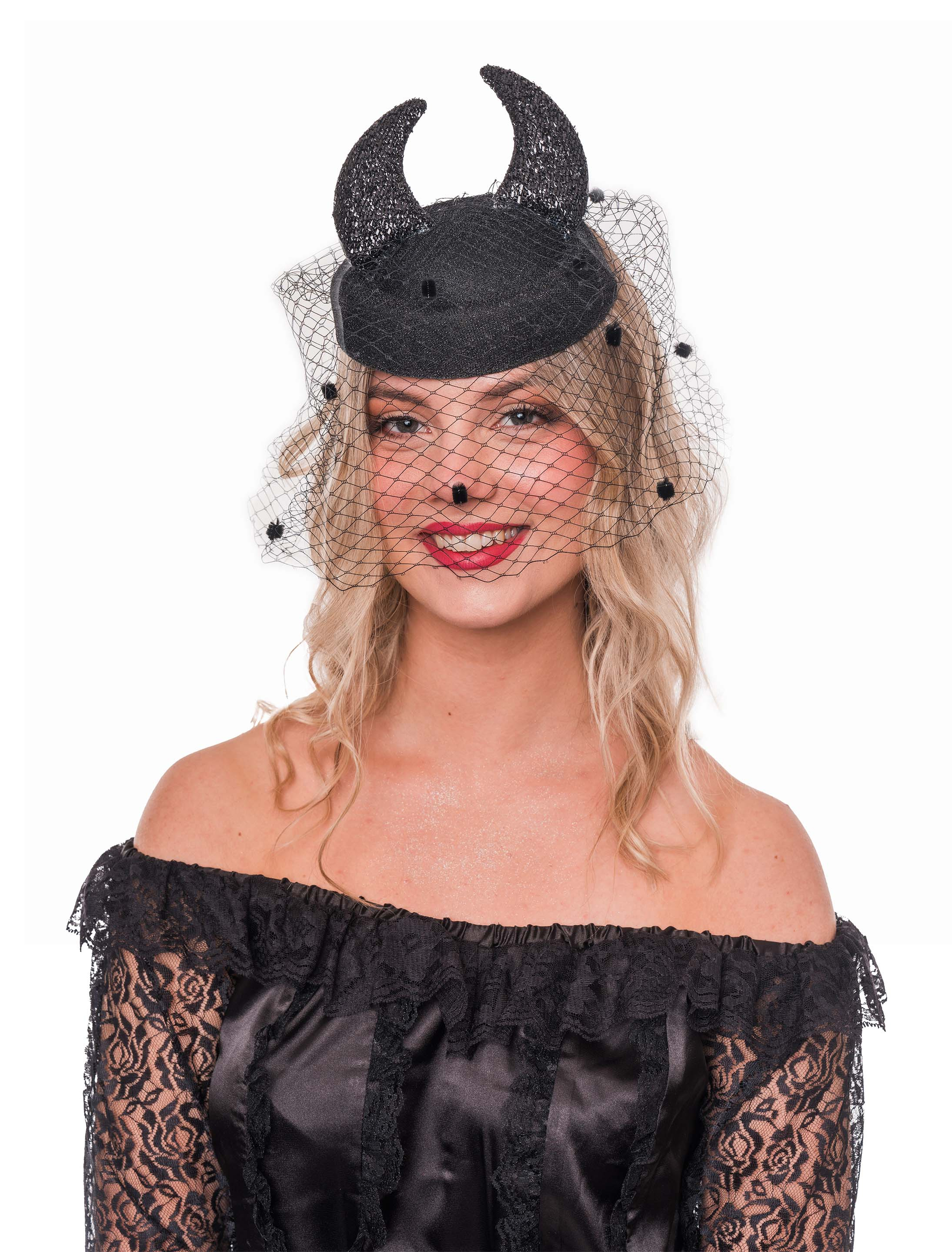 Fascinator mit Schleier und Hörnern schwarz