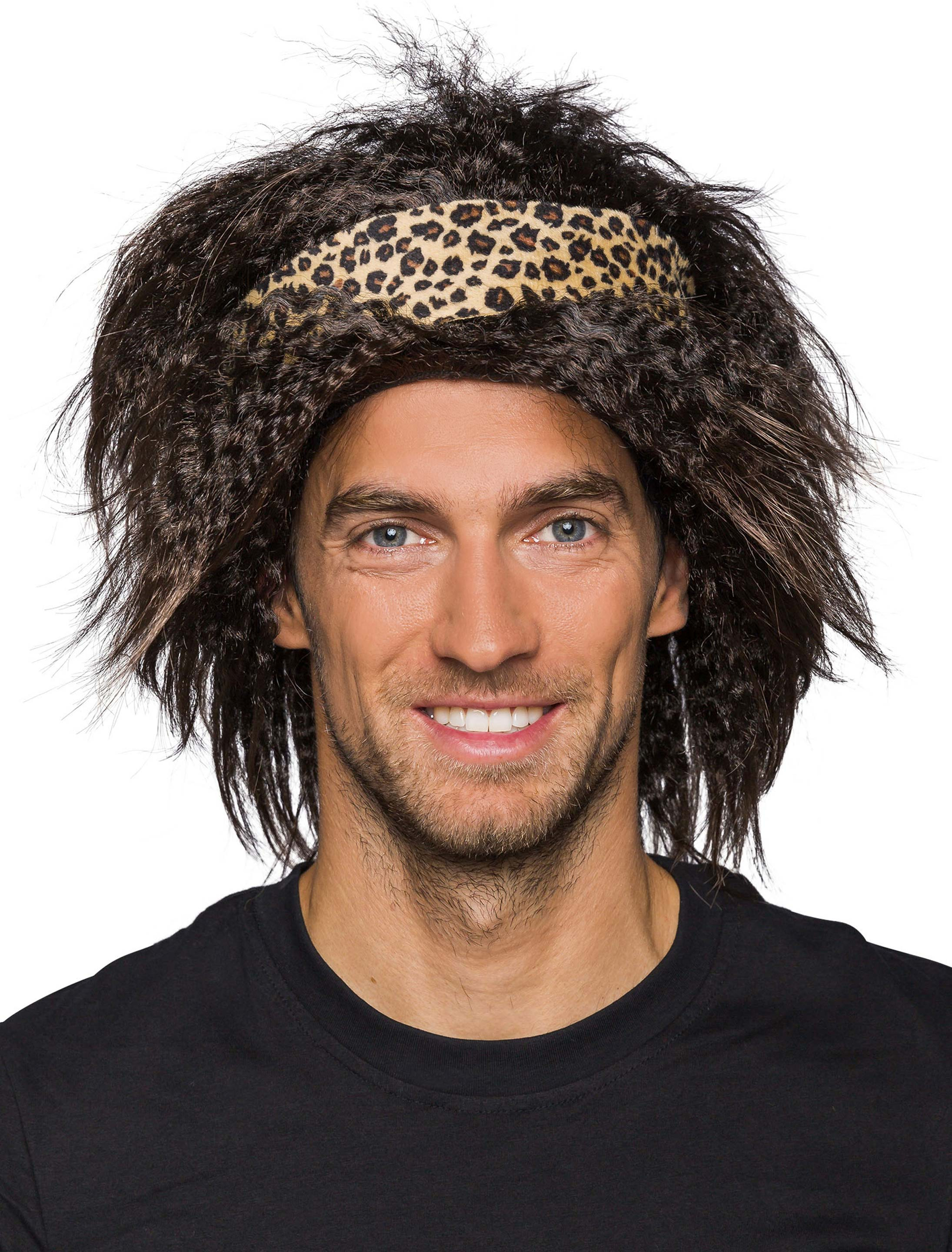 Perücke Steinzeit kurz mit Haarband schwarz