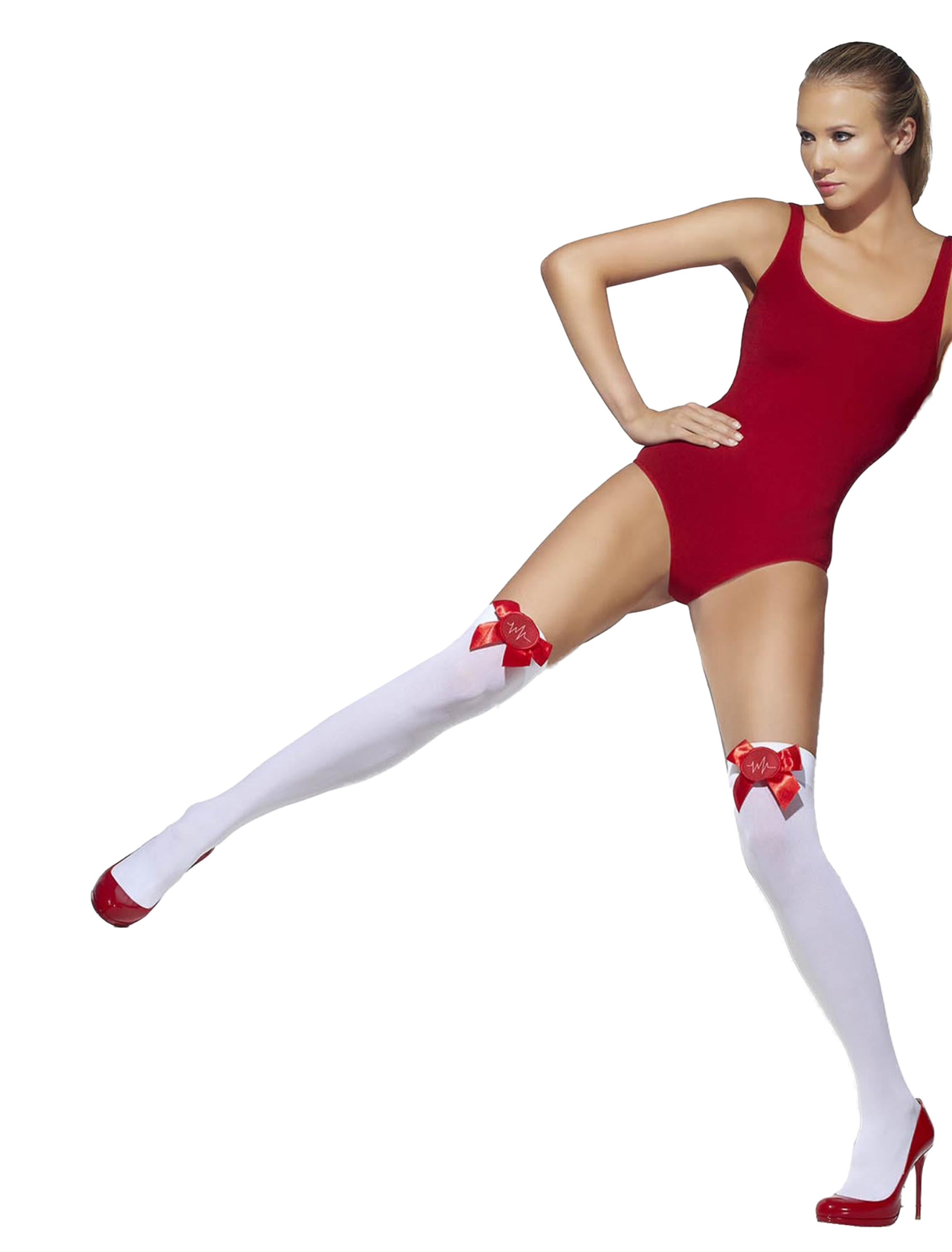 Overknees mit Schleife Damen weiß/rot one size