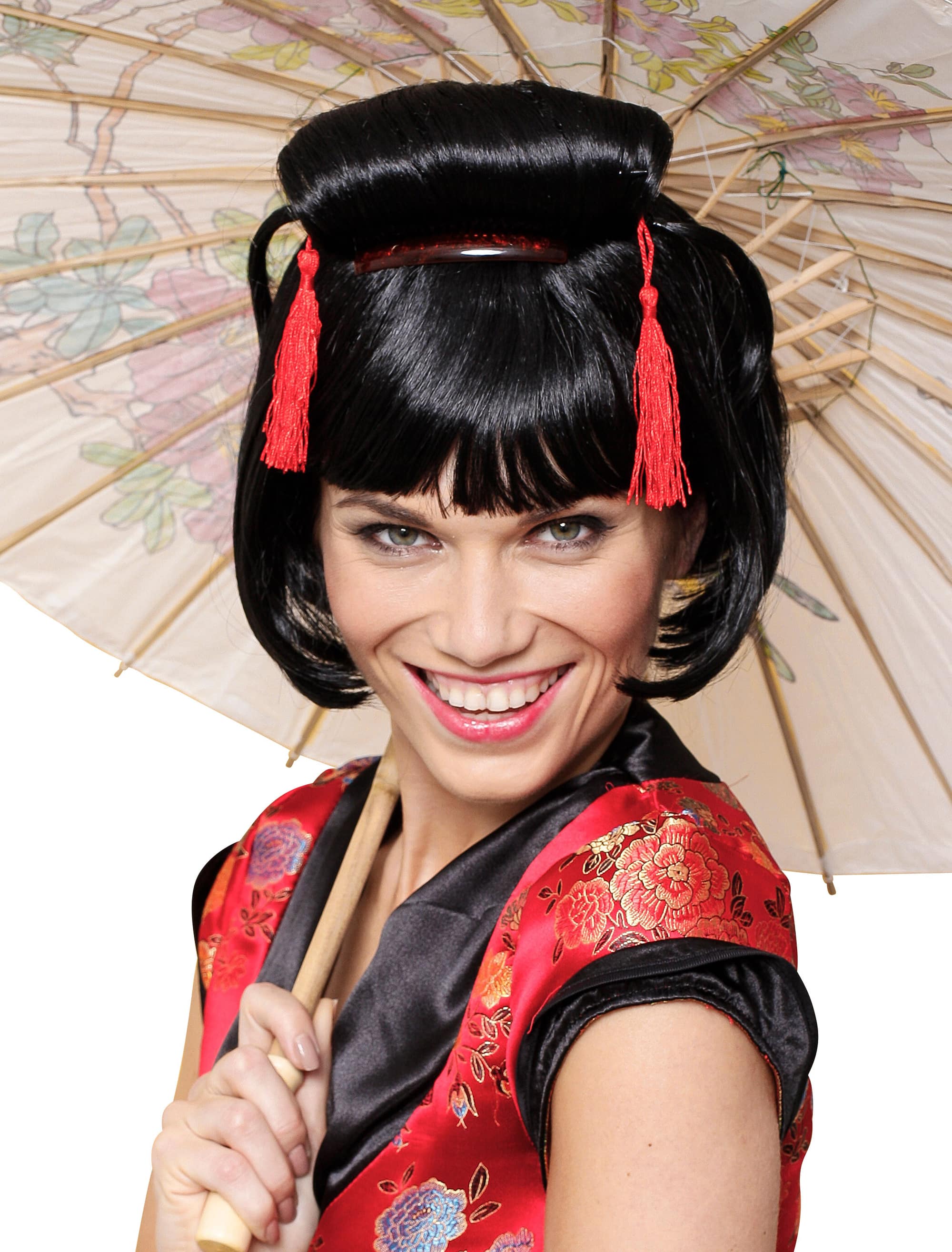 Perücke Geisha mit Stab schwarz