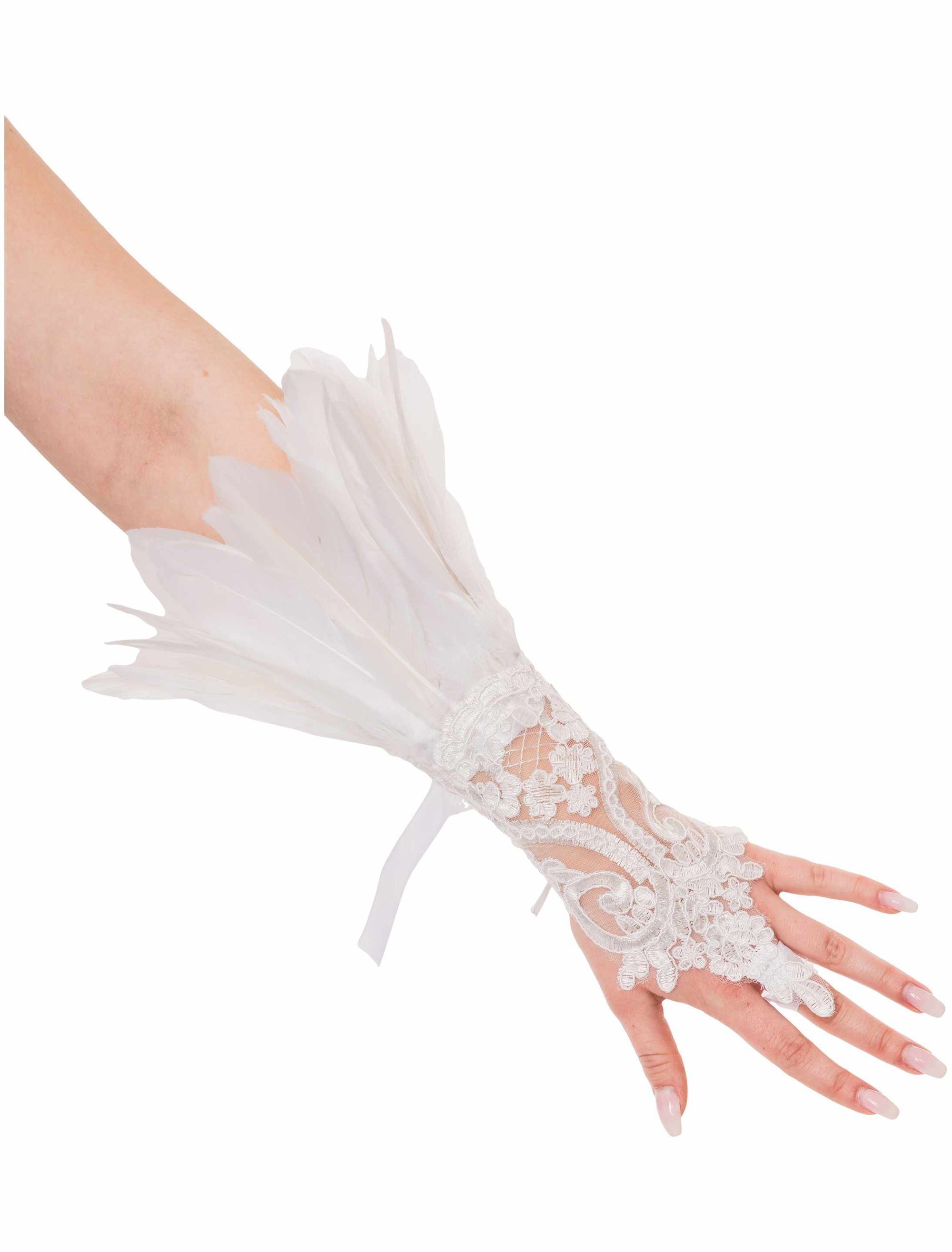 Handschuhe mit Federn und Spitze weiß