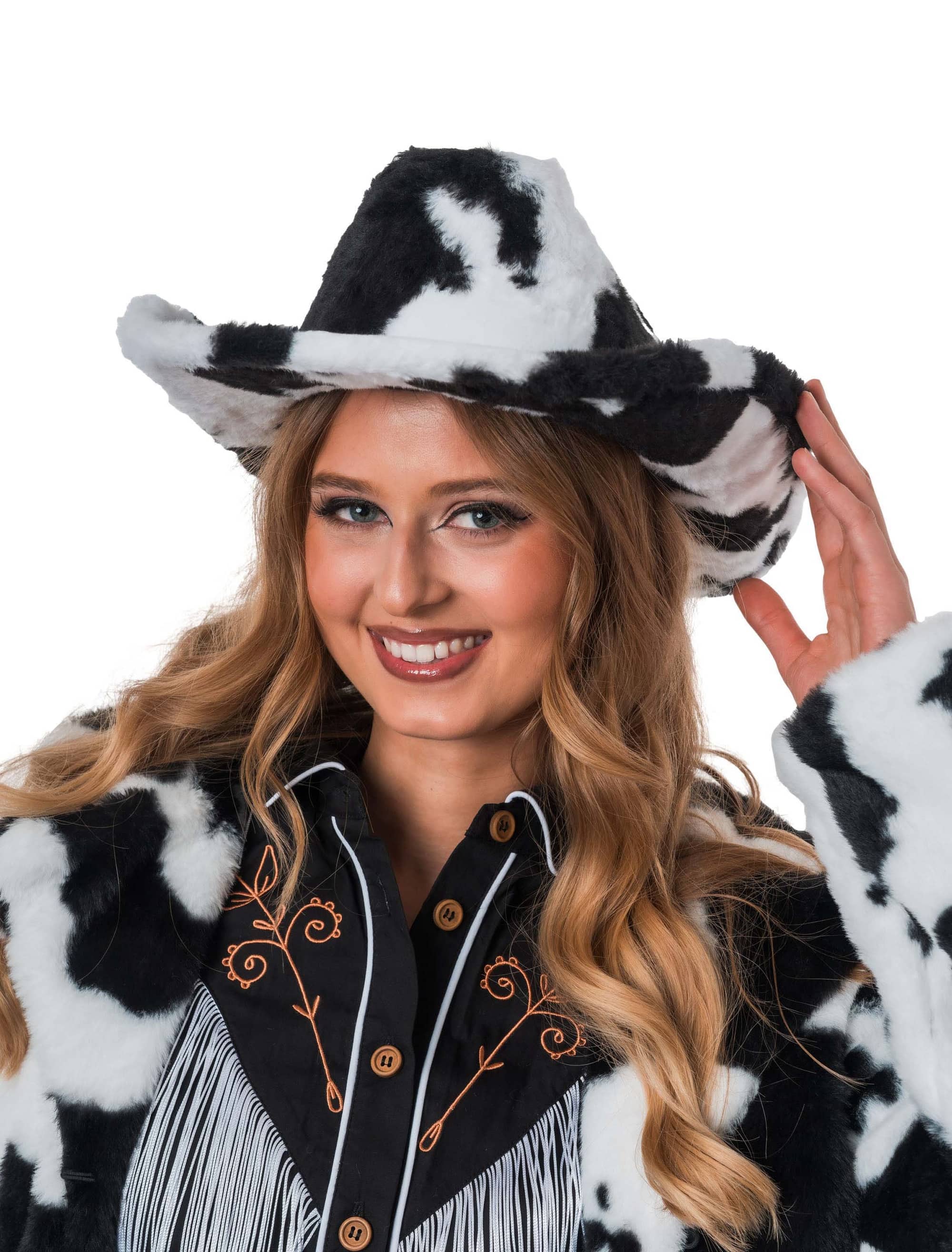 Cowboyhut Plüsch Longhorn Kuh schwarz/weiß one size