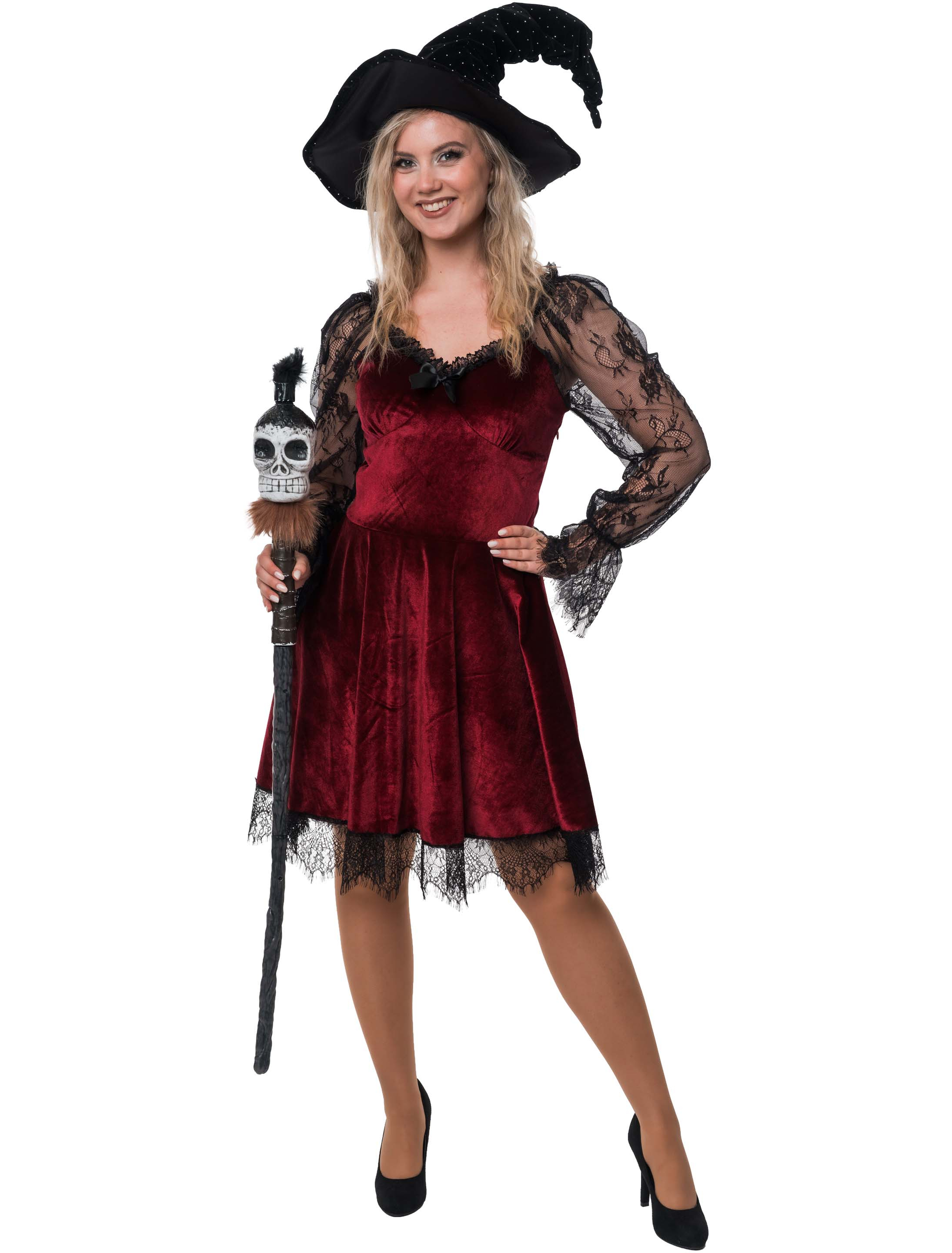 Samtkleid mit Schleife und Spitzenärmel Damen rot/schwarz 2XL/3XL
