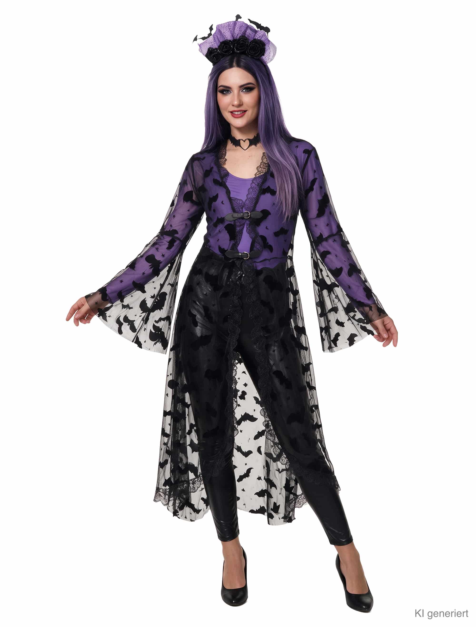 Mantel transparent mit Fledermäusen Damen schwarz one size