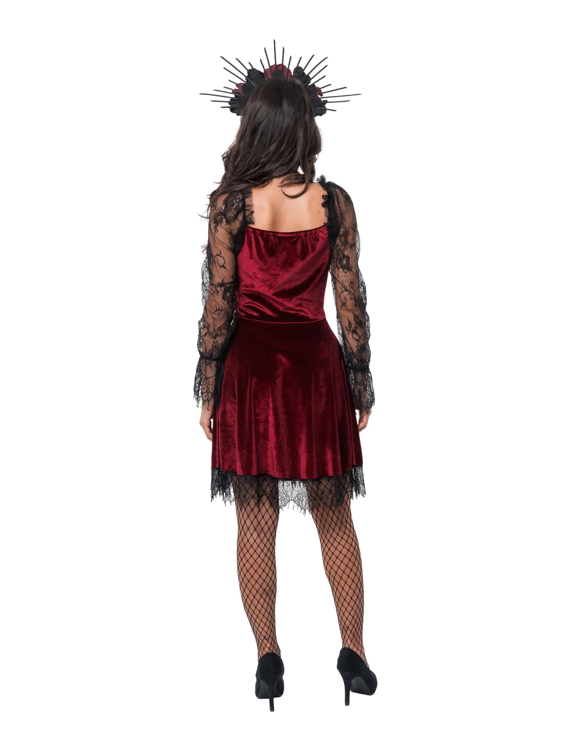 Samtkleid mit Schleife und Spitzenärmel Damen rot/schwarz S/M
