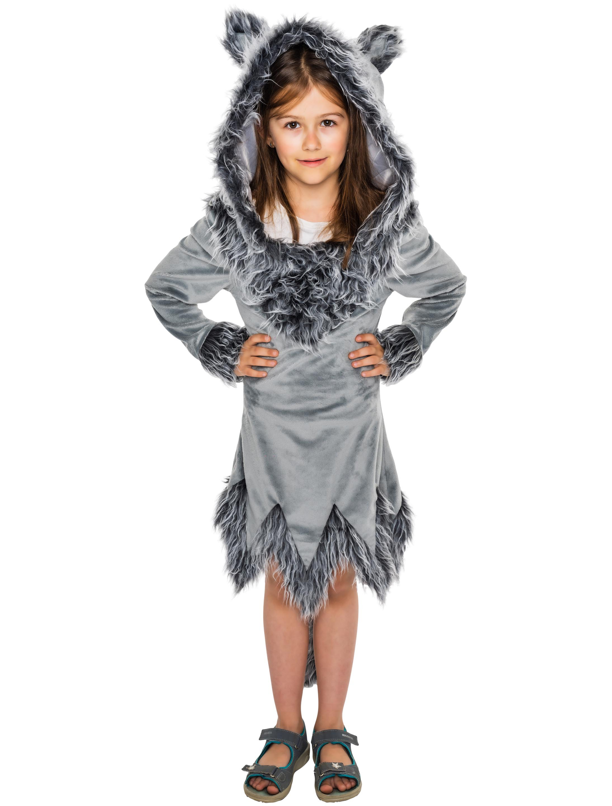 Kleid Plüsch Wolf Kinder grau 116-128