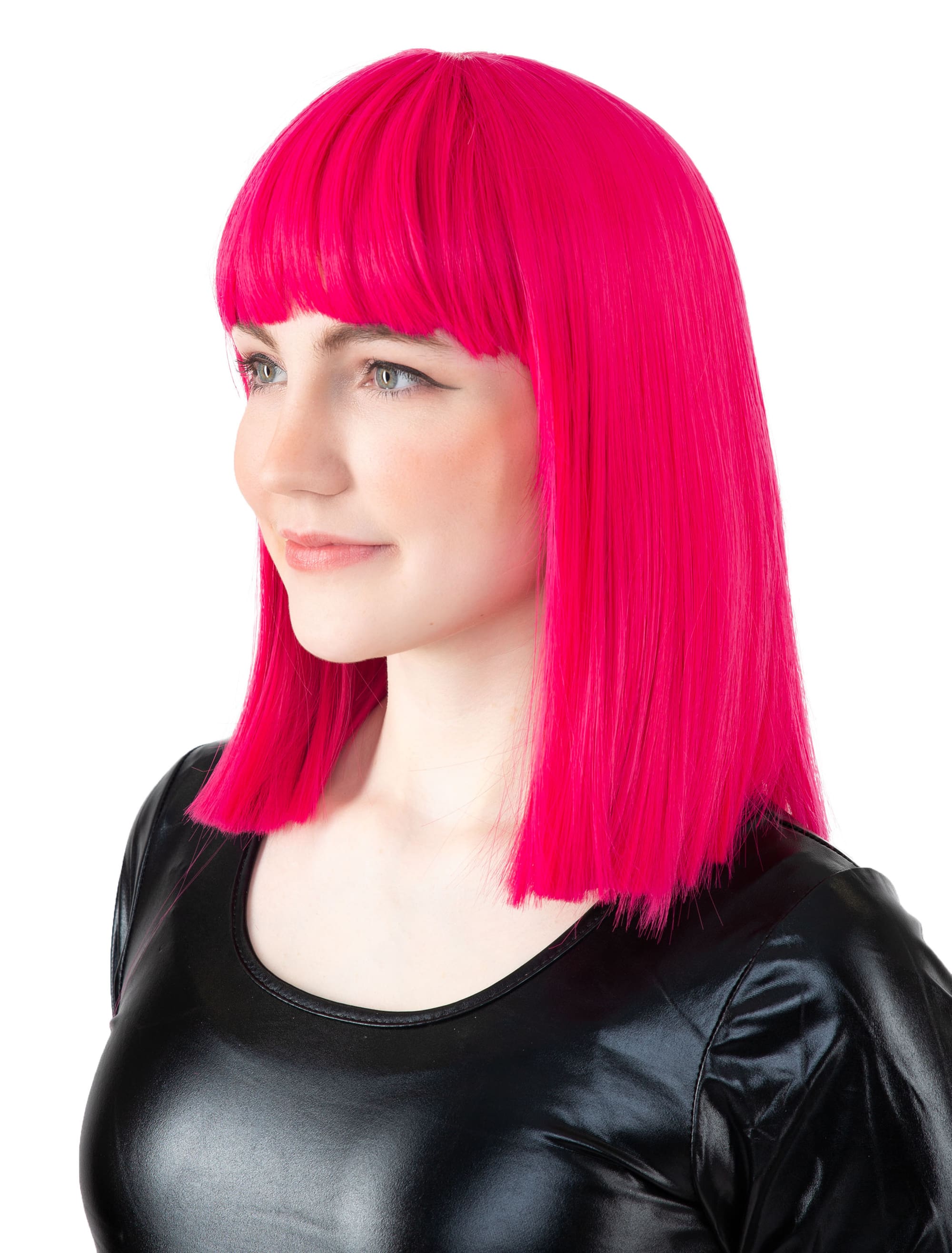 Perücke Langhaar glatt mit Pony pink