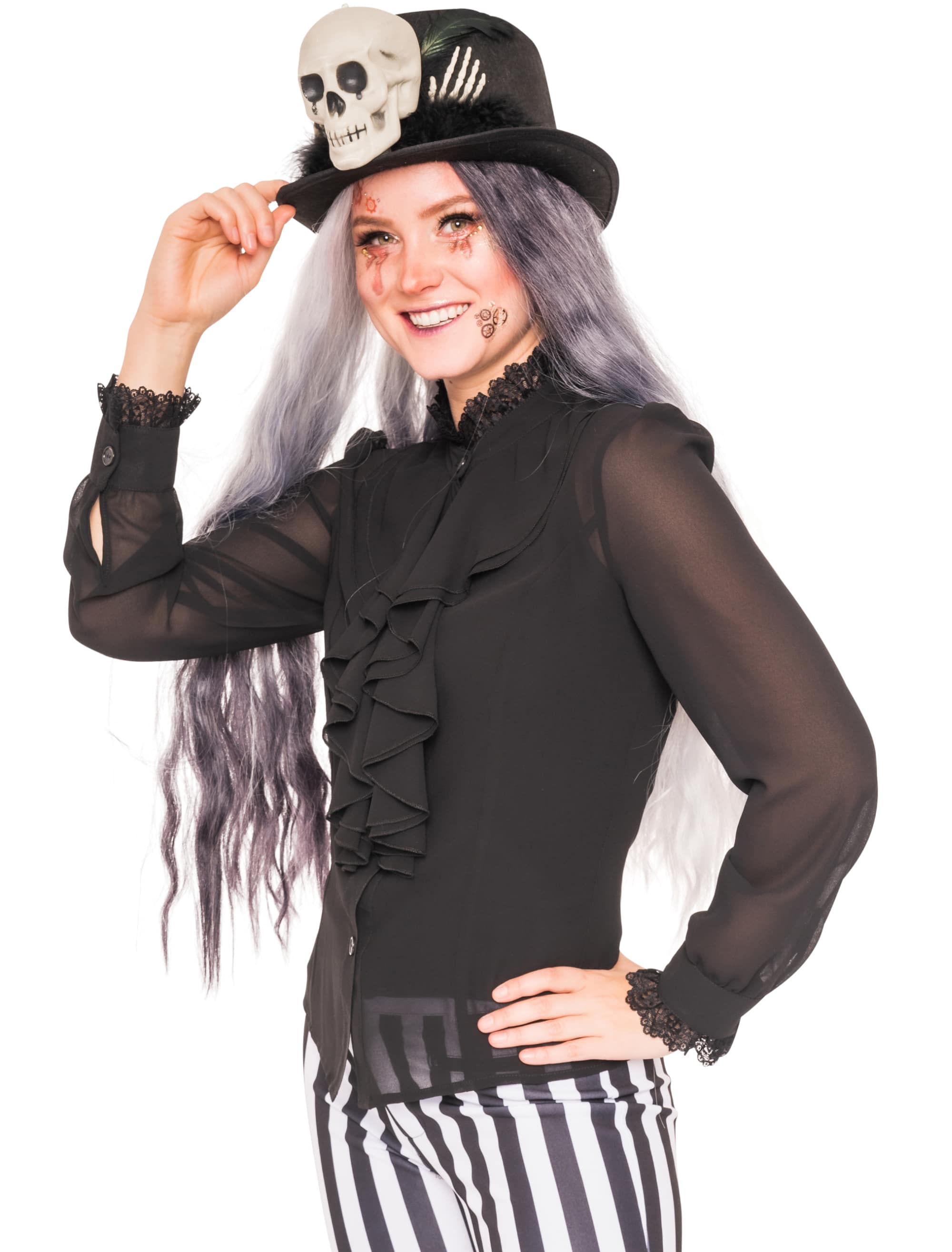 Bluse mit Volant & Spitze Damen schwarz 2XL