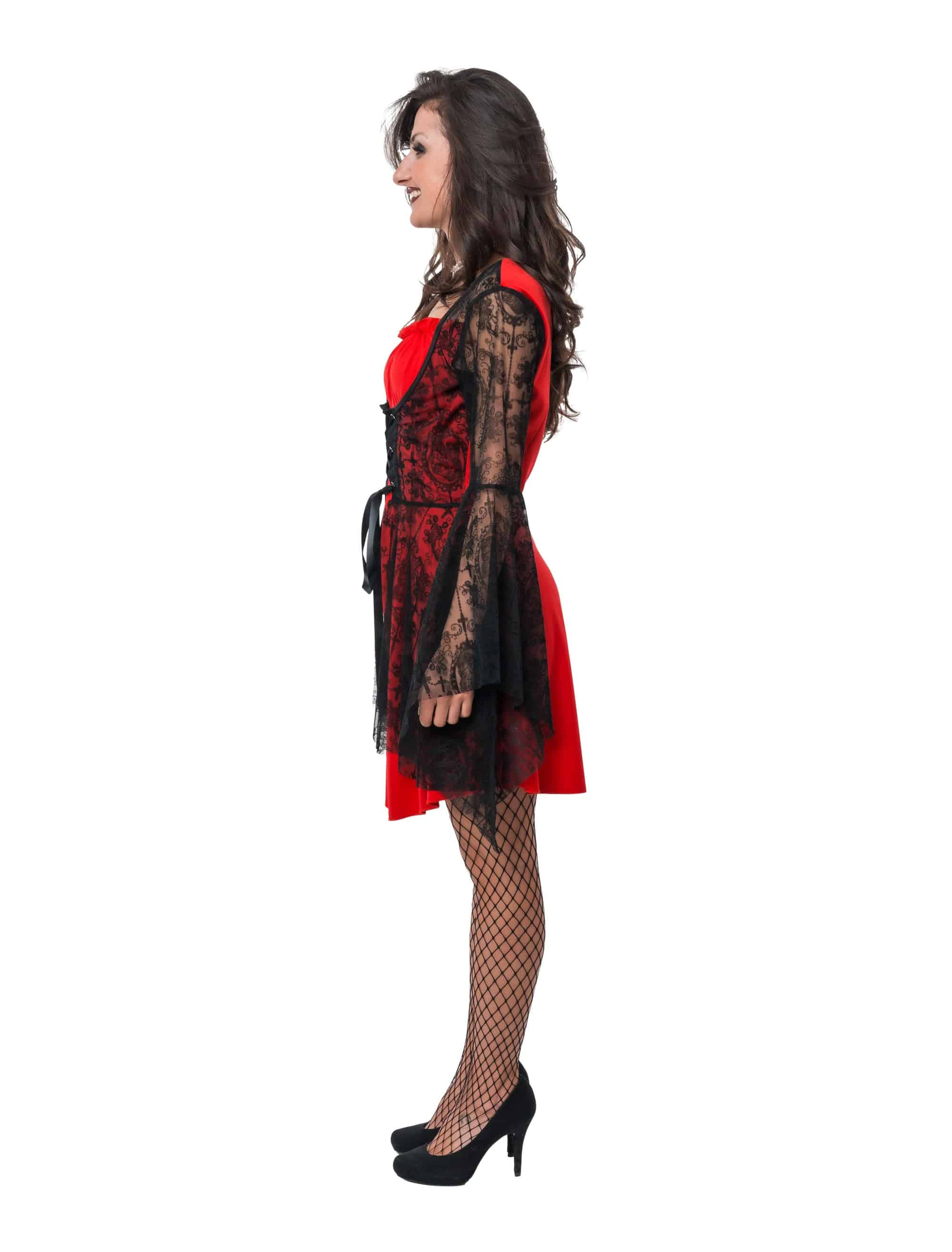 Kleid Vampir mit Trompetenärmeln und Spitze Damen rot/schwarz S/M