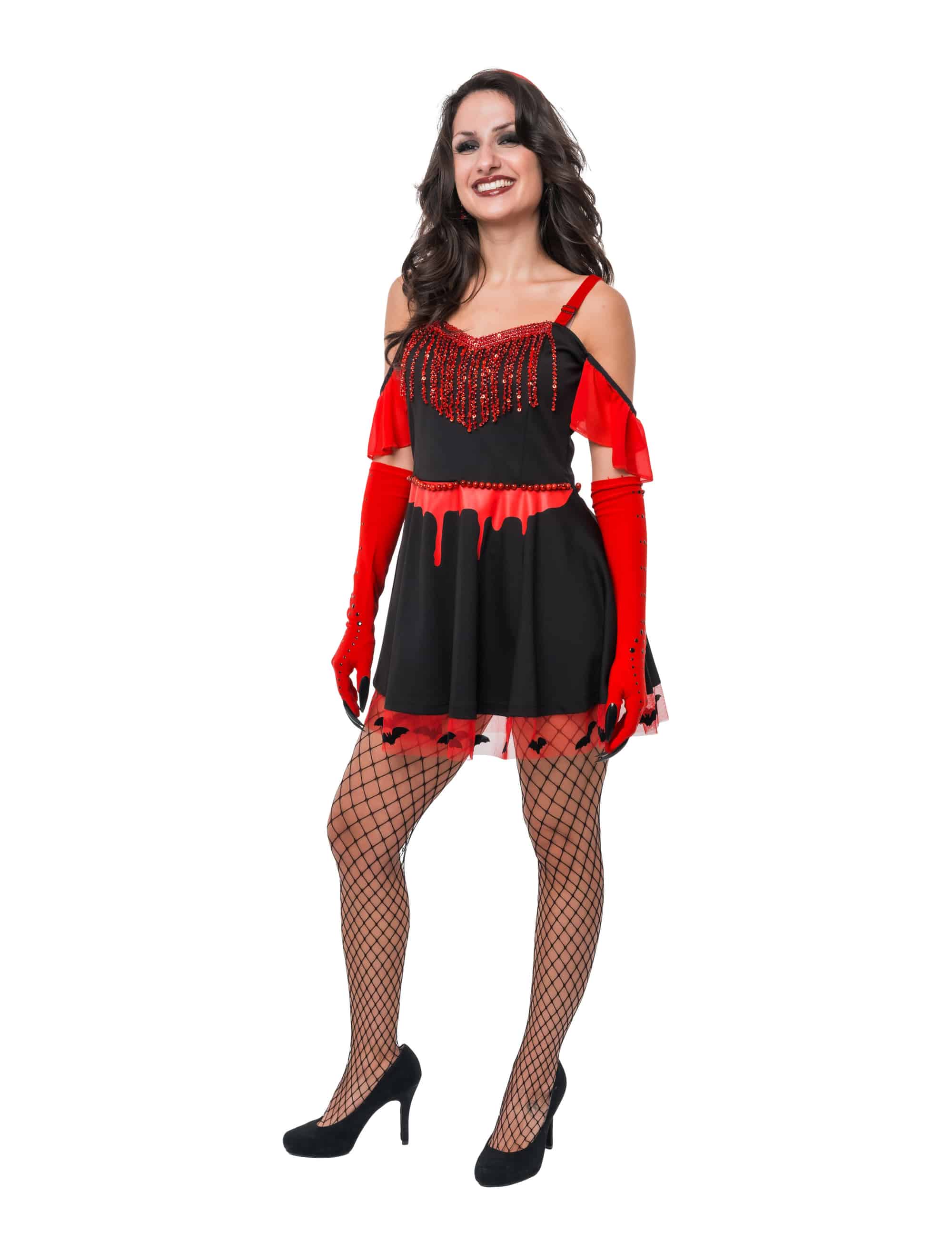 Kleid Vampirin mit Perlengürtel Damen schwarz/rot S/M