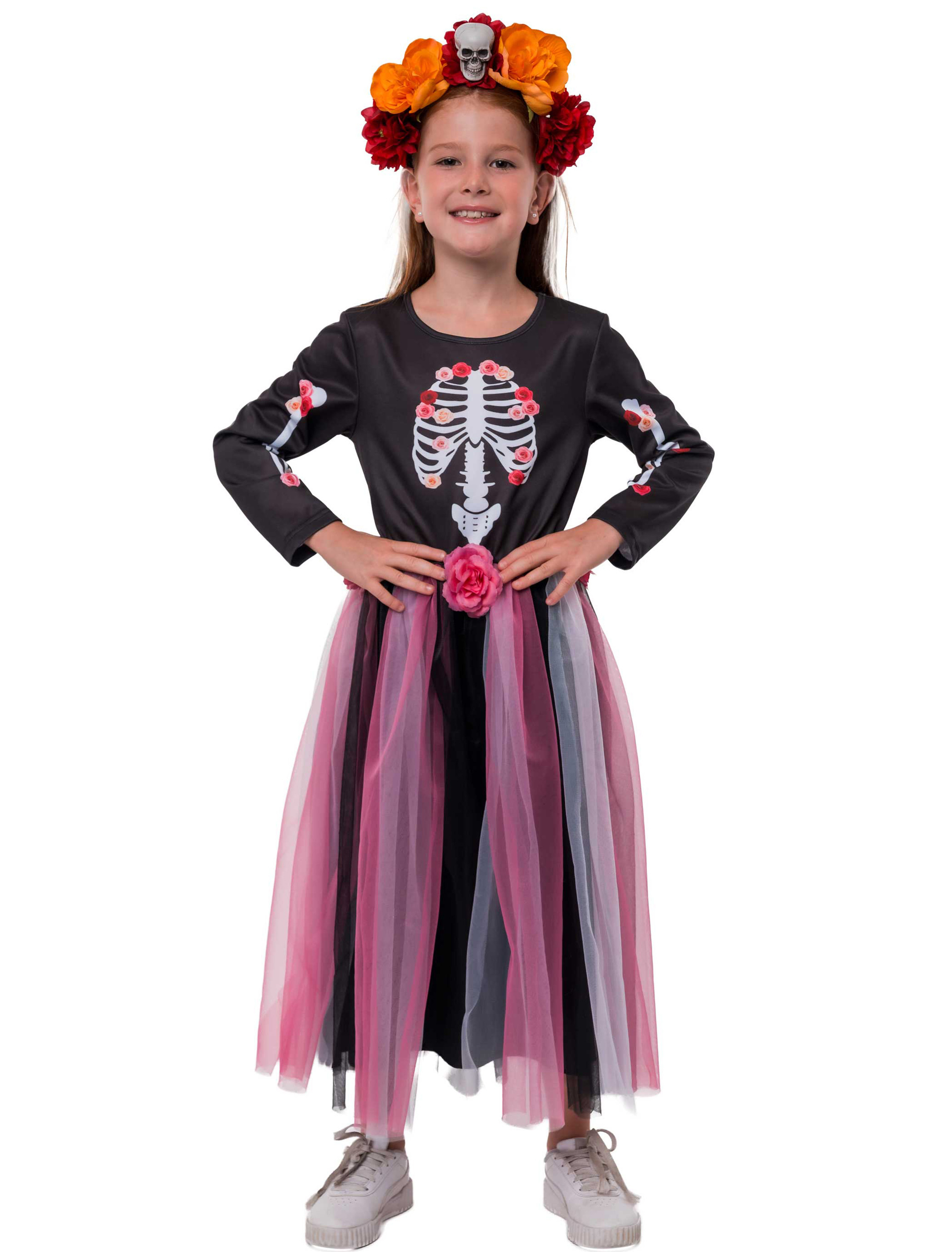 Kleid Dia de los Muertos Kinder schwarz/rosa 116