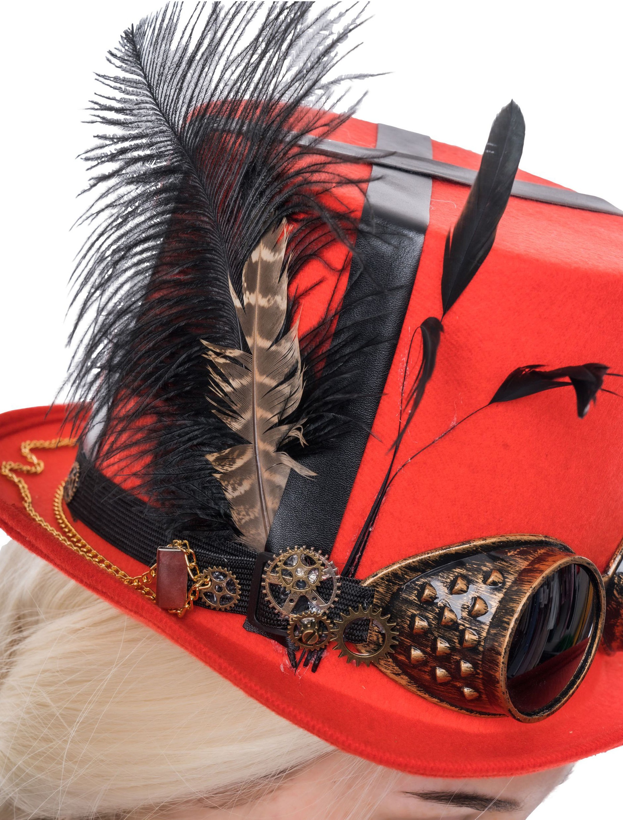 Hut Steampunk mit Brille rot one size
